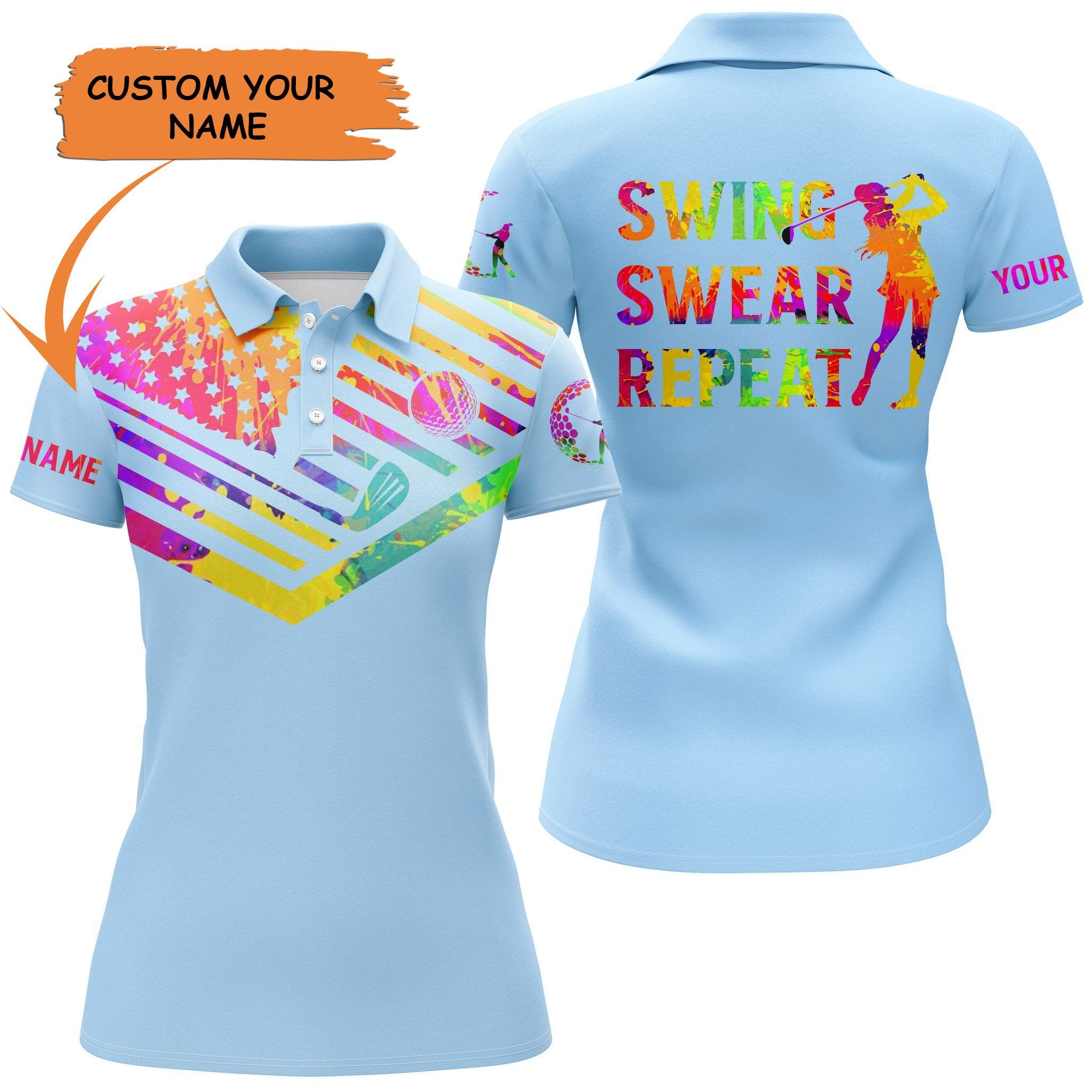 Golf Custom Name Women Polo Shirt, Watercolor American Flag Swing Swear Repeat Personalized Women Polo Shirt - Perfect Gift For Golf Lovers, Golfers
