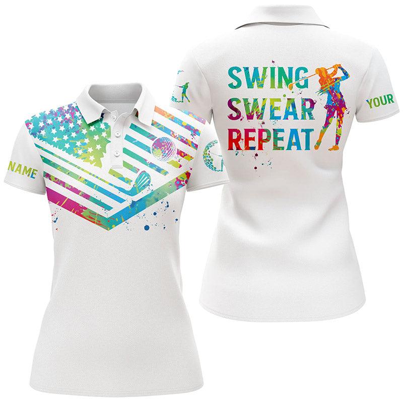 Golf Custom Name Women Polo Shirt, Watercolor American Flag, Swing Swear Repeat Personalized Women Polo Shirts, Gift For Ladies, Golf Lovers, Golfers - Image 2