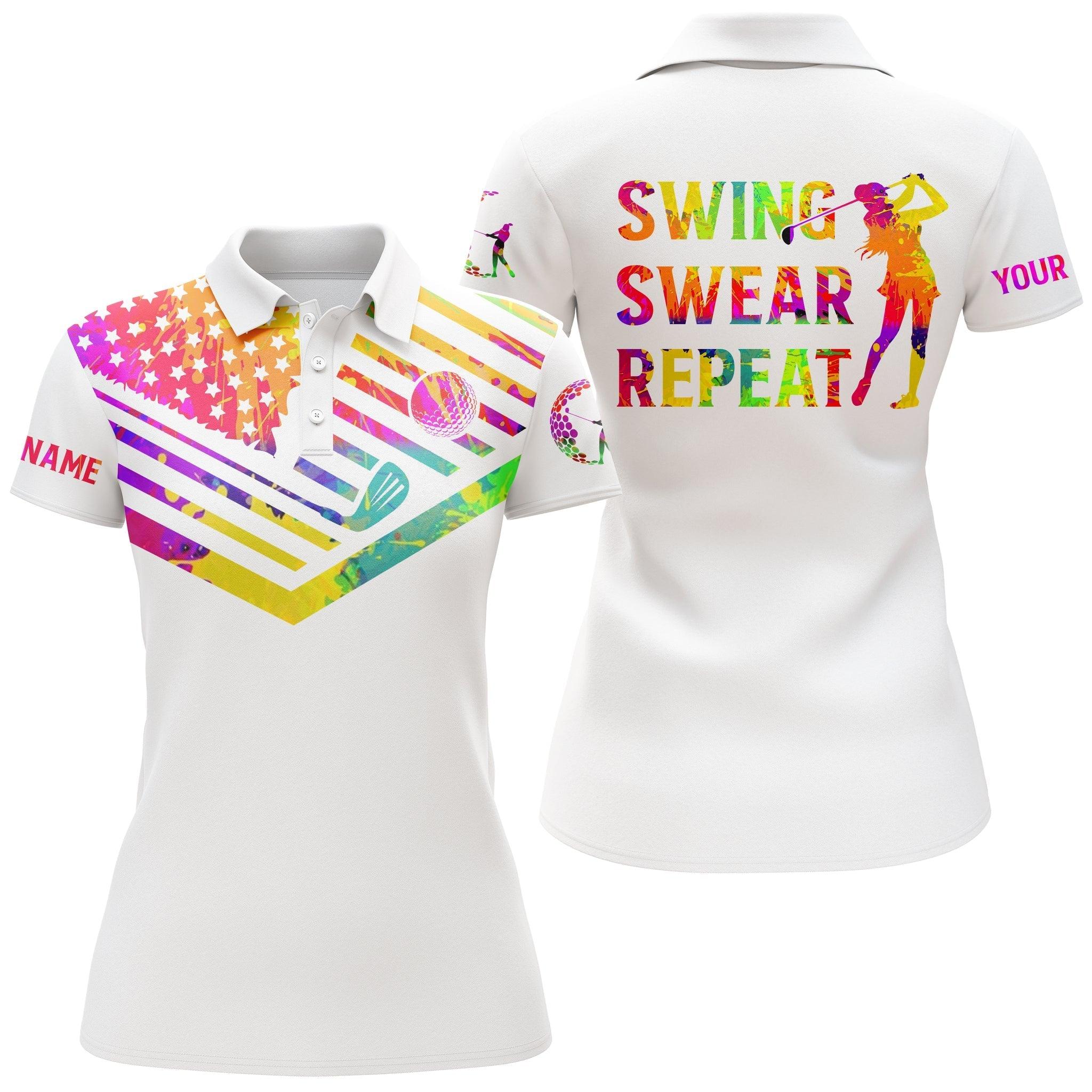 Golf Custom Name Women Polo Shirt, Watercolor American Flag Swing Swear Repeat Personalized Women Polo Shirts, Gift For Ladies, Golfers, Golf Lovers - Image 2