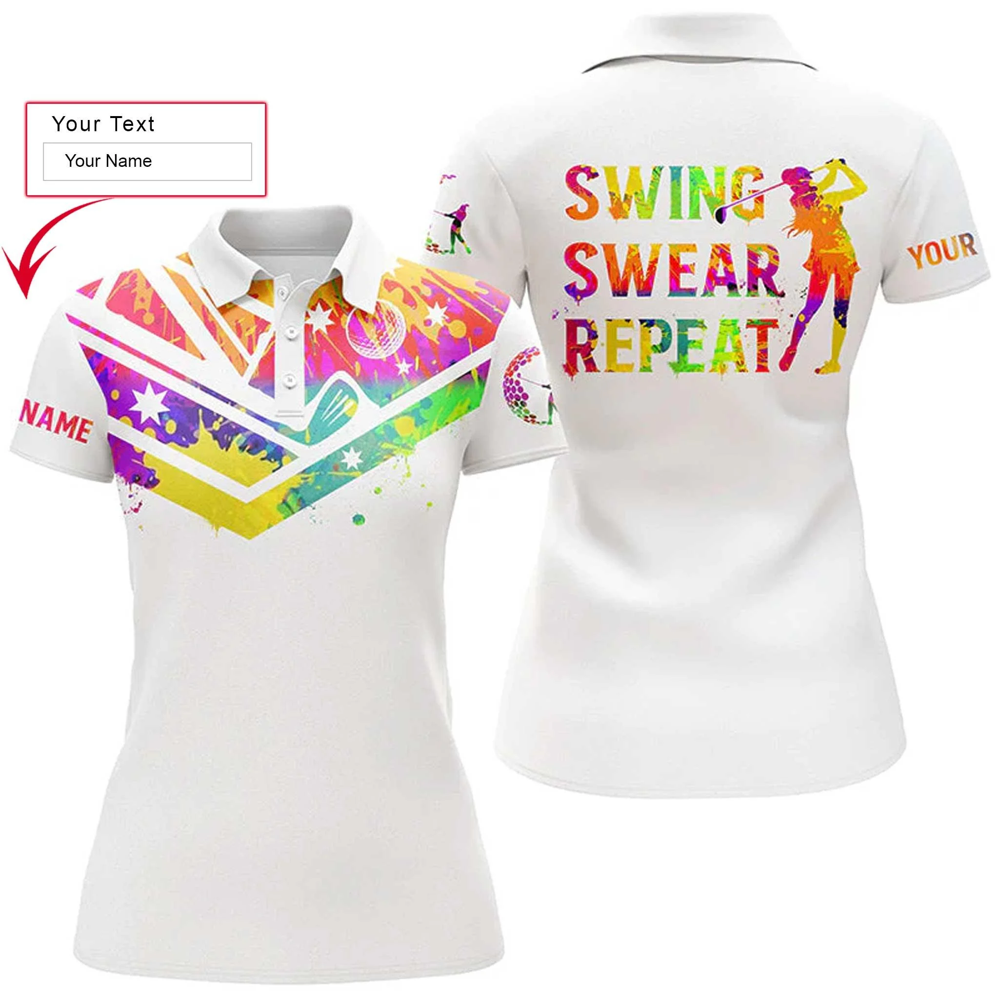 Golf Custom Name Women Polo Shirt, Watercolor Australia Flag, Swing Swear Repeat White Personalized Women Polo Shirts, Gift For Golf Lovers, Golfers