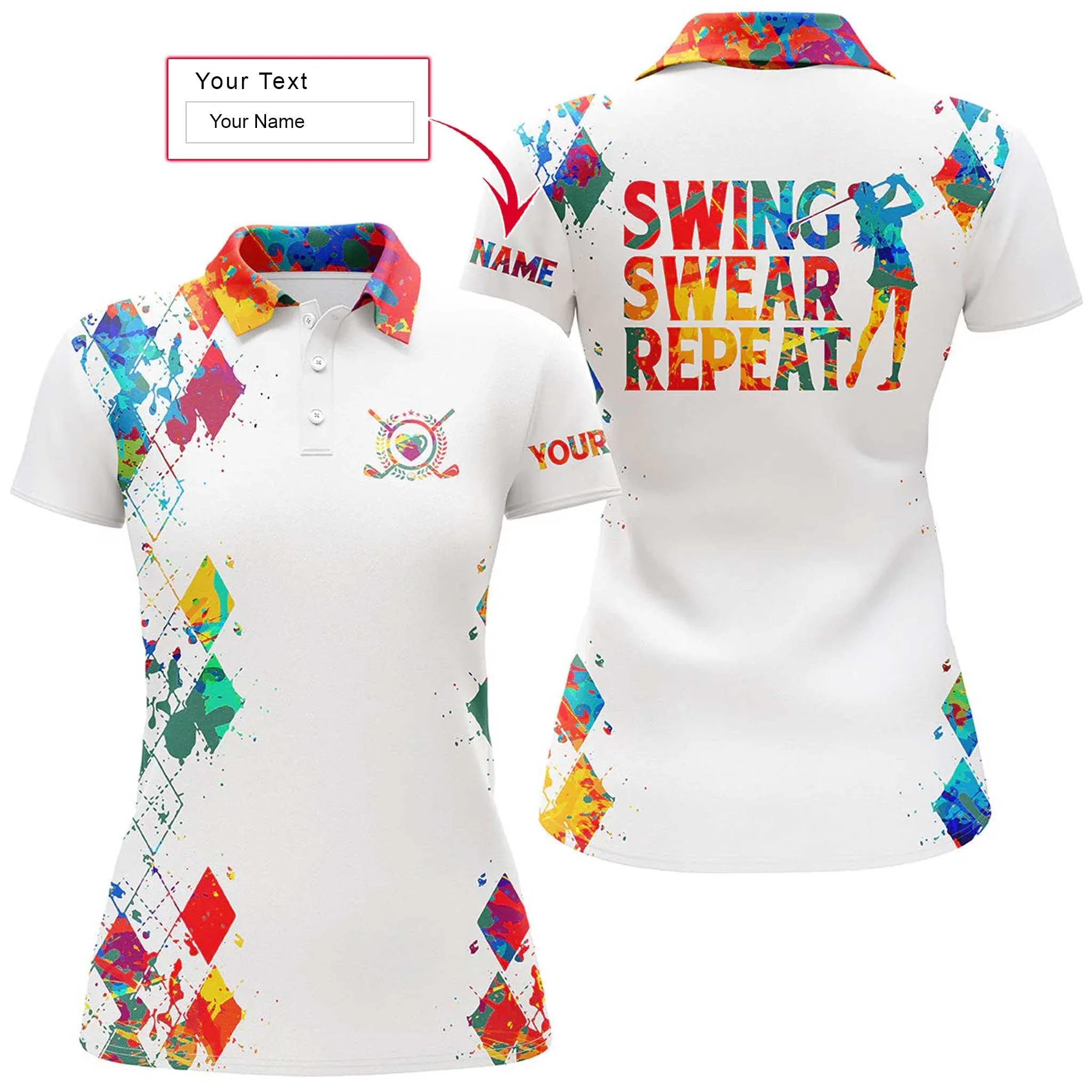 Golf Custom Name Women Polo Shirt, Watercolor Swing Swear Repeat Golf Personalized Women Polo Shirts, Golfing Gift For Ladies, Golf Lovers, Golfers