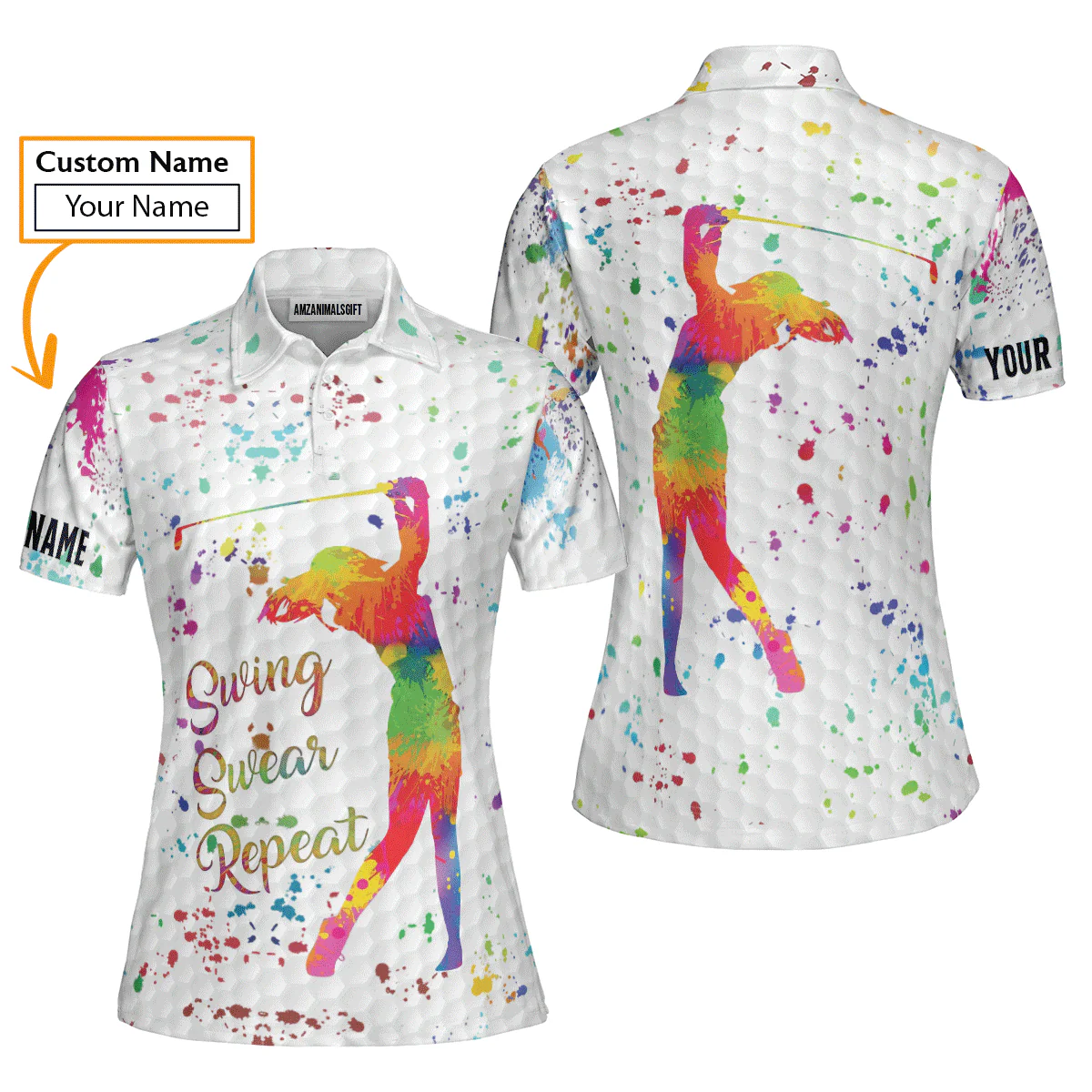 Golf Custom Name Women Polo Shirt, Watercolor Swing Swear Repeat Personalized Women Polo Shirts, Golfing Gift For Ladies, Golfers, Golf Lovers