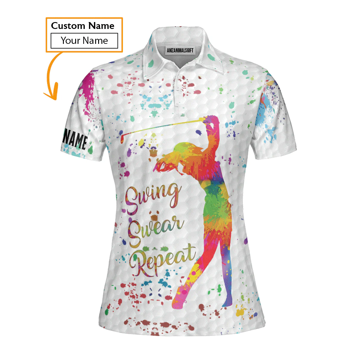 Golf Custom Name Women Polo Shirt, Watercolor Swing Swear Repeat Personalized Women Polo Shirts, Golfing Gift For Ladies, Golfers, Golf Lovers - Image 2