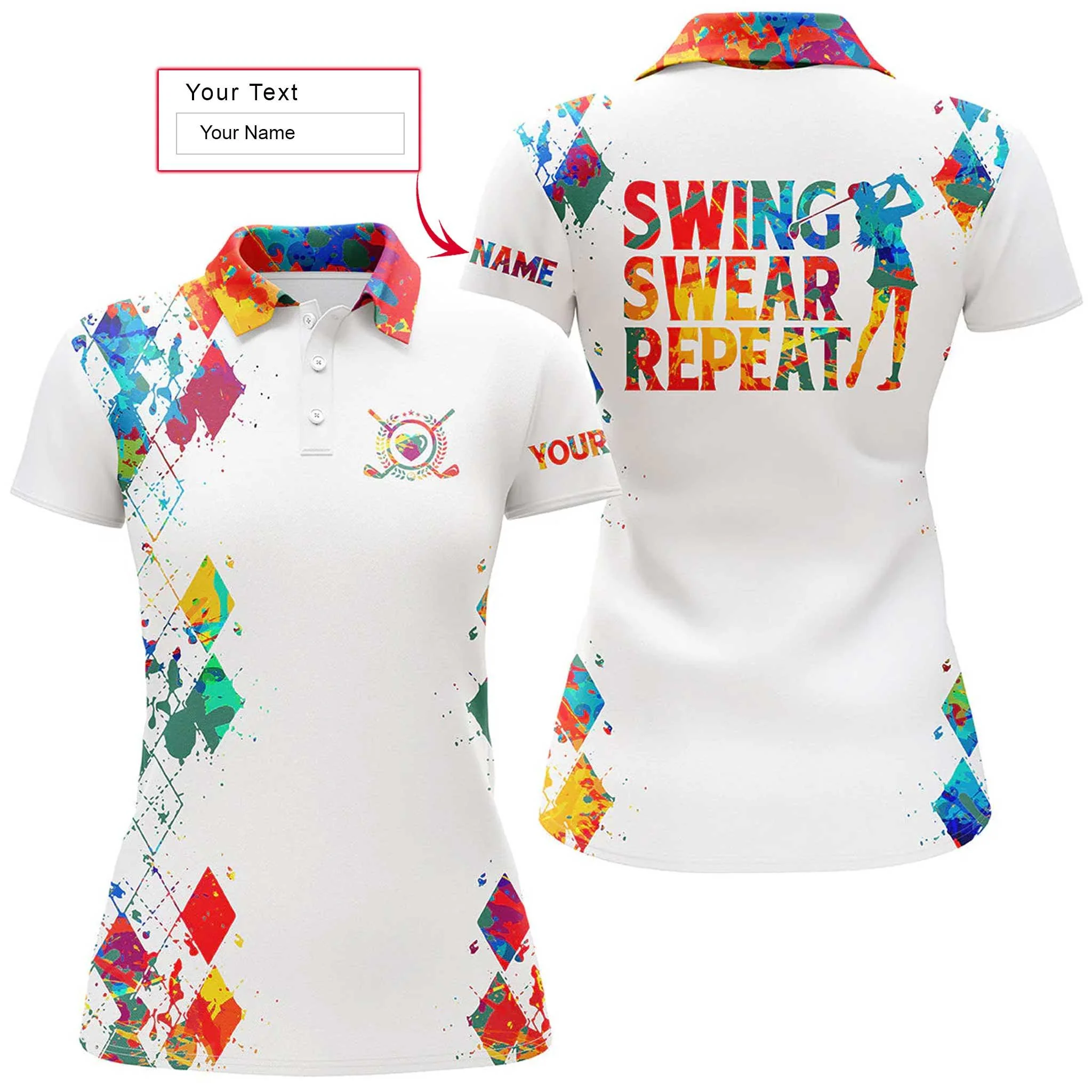 Golf Custom Name Women Polo Shirt, Watercolor Swing Swear Repeat White Personalized Women Polo Shirts, Gift For Ladies, Golf Lovers, Golfers