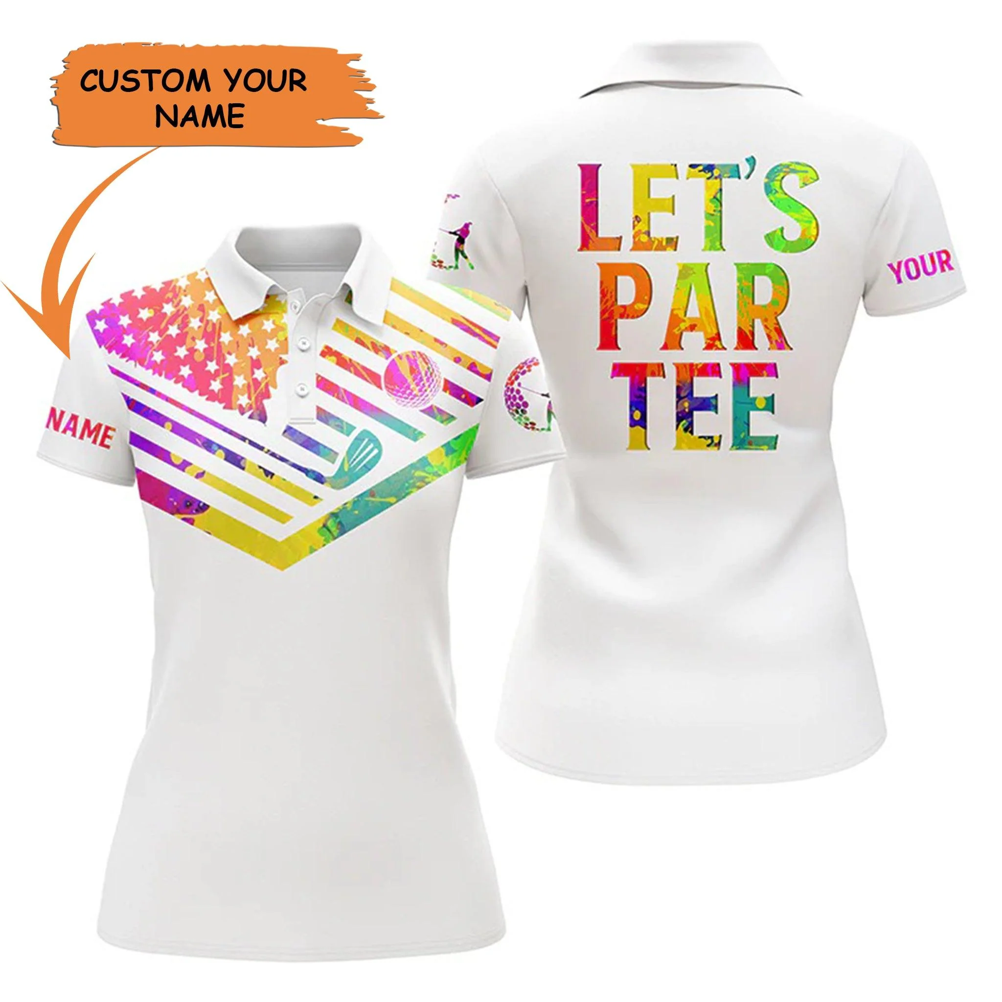 Golf Custom Name Women Polo Shirt, Watercolor US Flag Let’s Par Tee White Personalized Women Polo Shirt, Perfect Gift For Ladies, Golf Lovers, Golfers