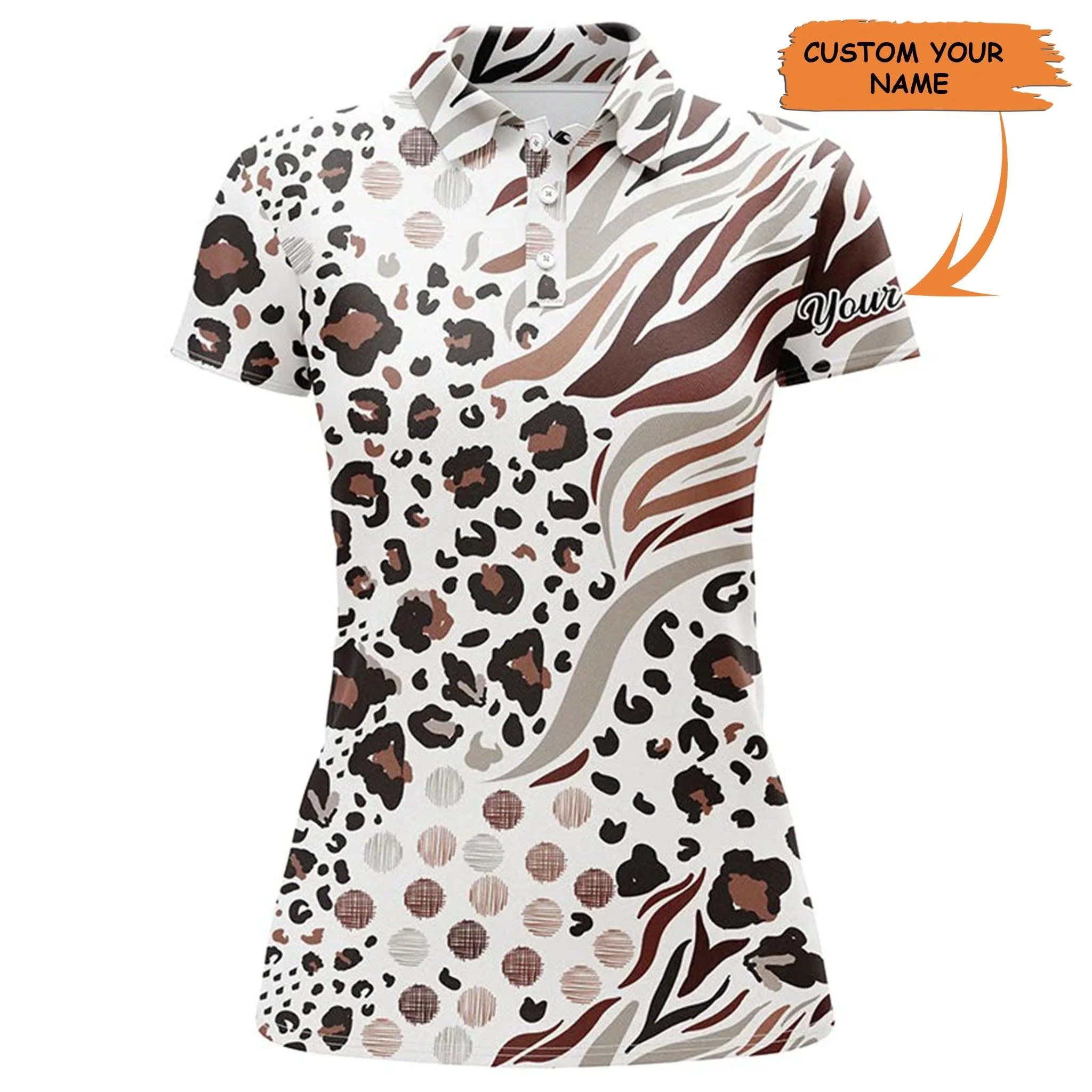 Golf Custom Name Women Polo Shirt, White Animal Mix Leopard Skin Pattern Personalized Women Polo Shirt- Perfect Gift For Ladies, Golf Lovers, Golfers