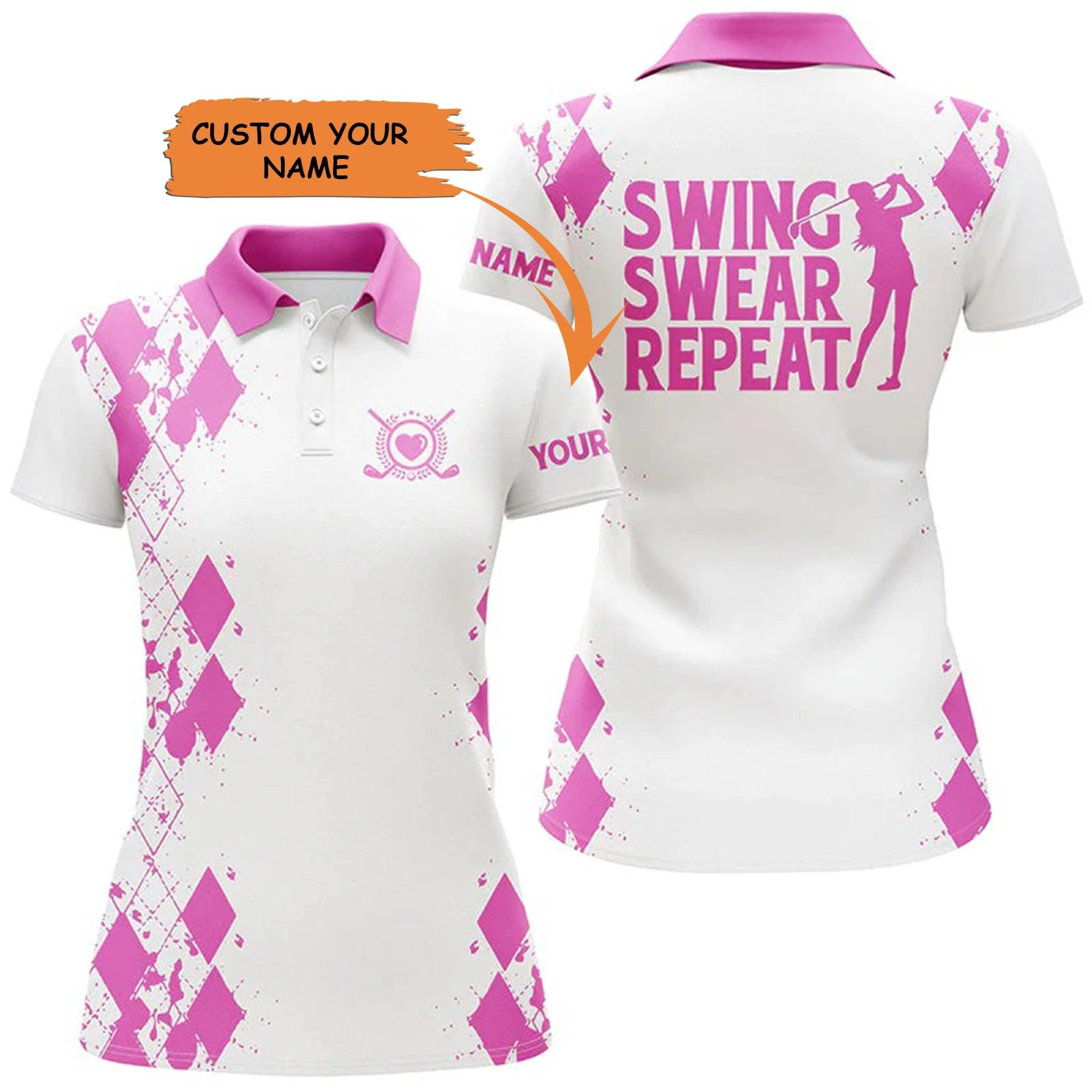 Golf Custom Name Women Polo Shirt, White & Pink Swing Swear Repeat Personalized Golf Women Polo Shirt - Perfect Gift For Ladies, Golf Lovers, Golfers