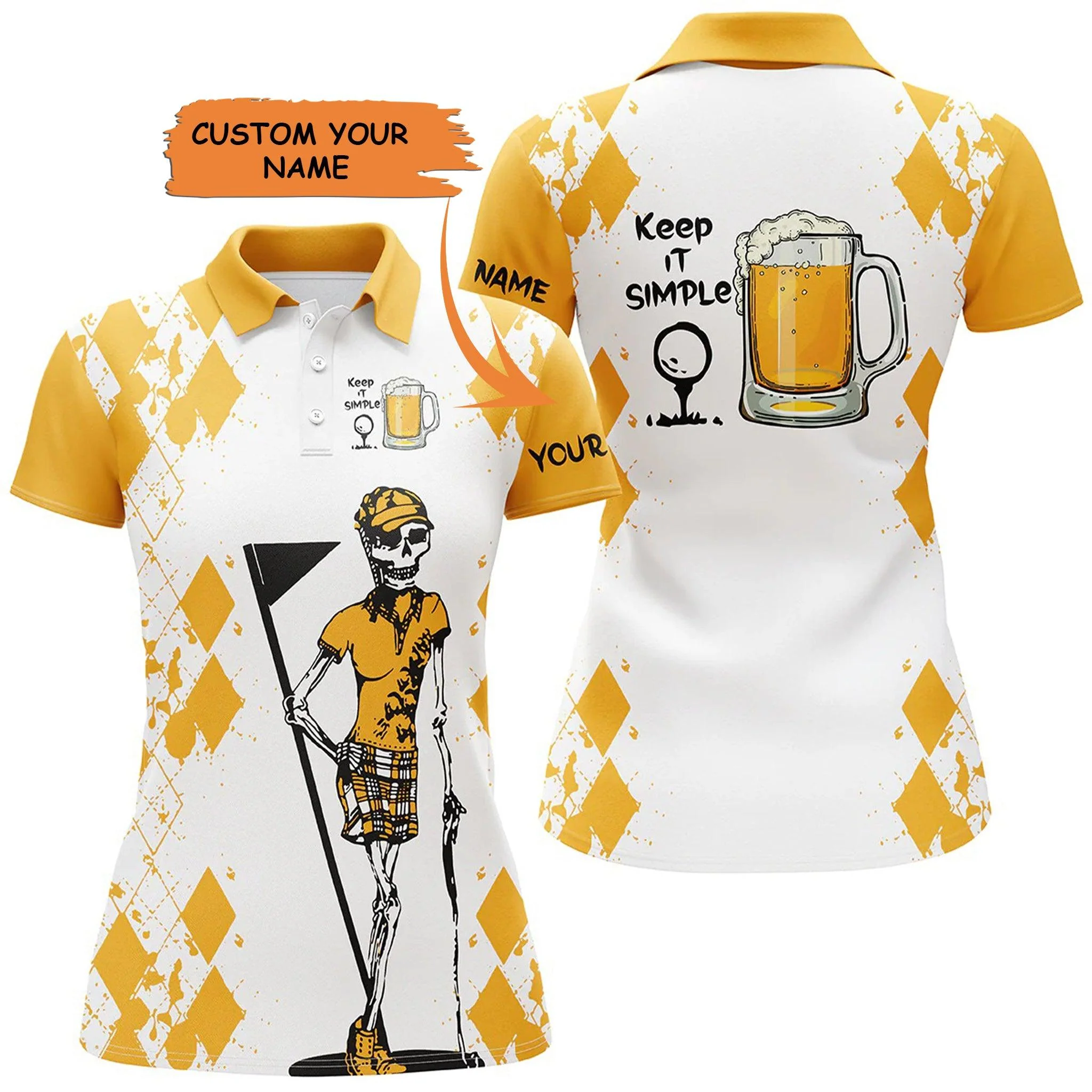 Golf Custom Name Women Polo Shirt, White Yellow Beer Skull Keep It Simple Personalized Women Polo Shirt, Perfect Gift For Ladies, Golf Lovers, Golfers