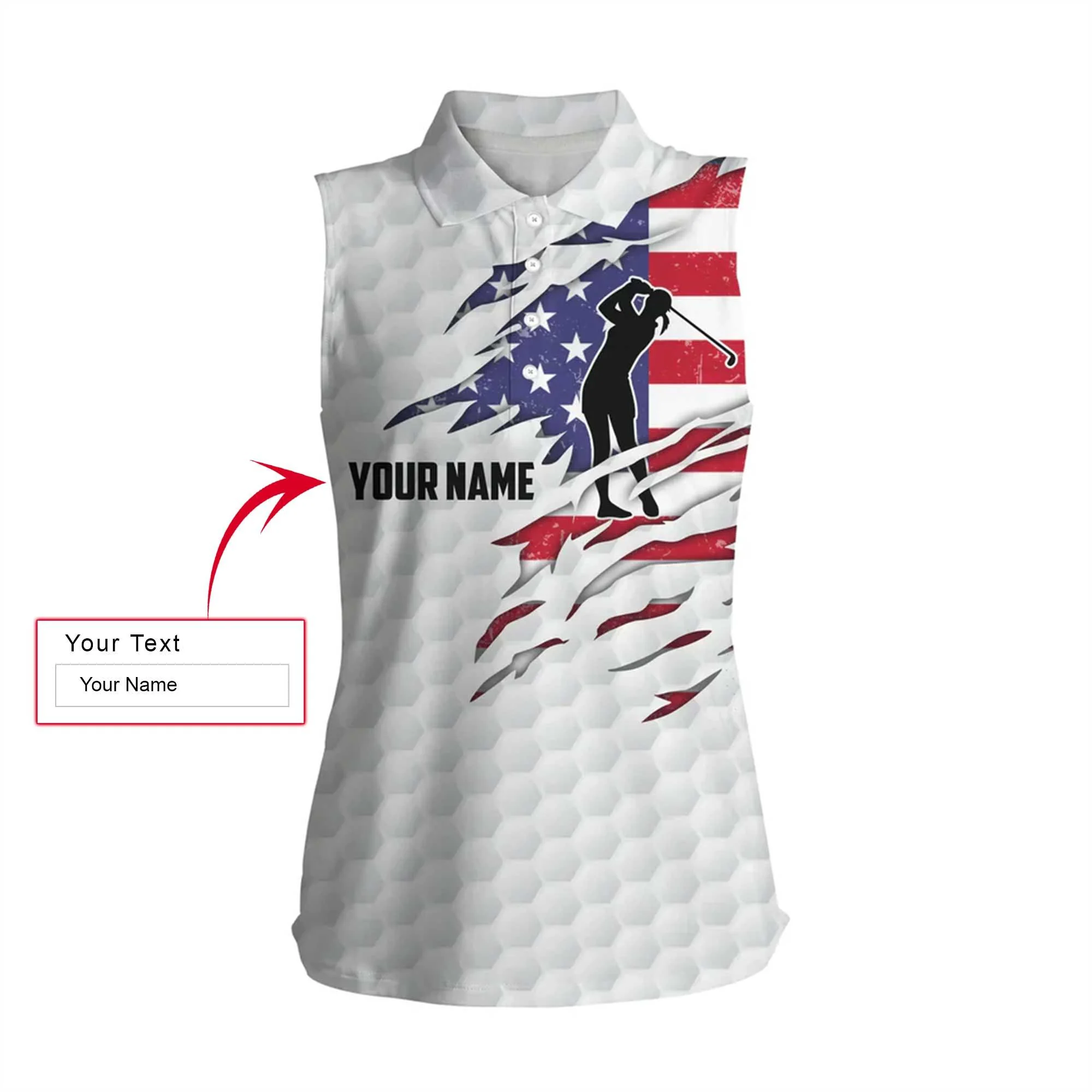 Golf Custom Name Women Sleeveless Polo Shirts, Personalized American Flag Patriot Independence Day Women Polo Shirts - 4th of July Gift For Ladies