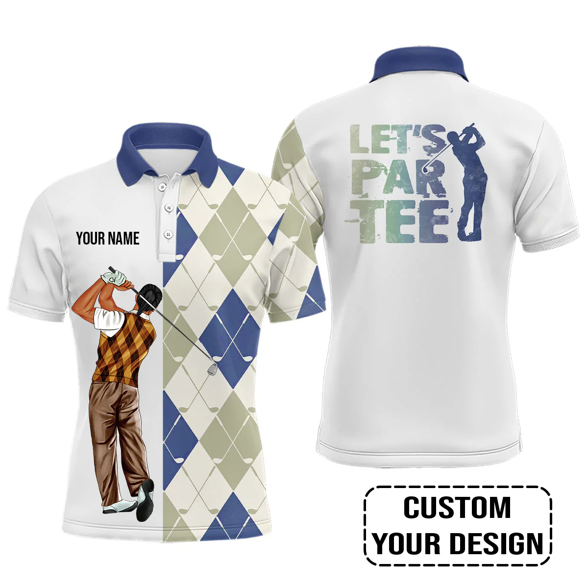 Golf Custom Polo Shirt, Argyle Pattern Golf Clubs, Let's par tee Personalized Golf Polo Shirt - Image 4