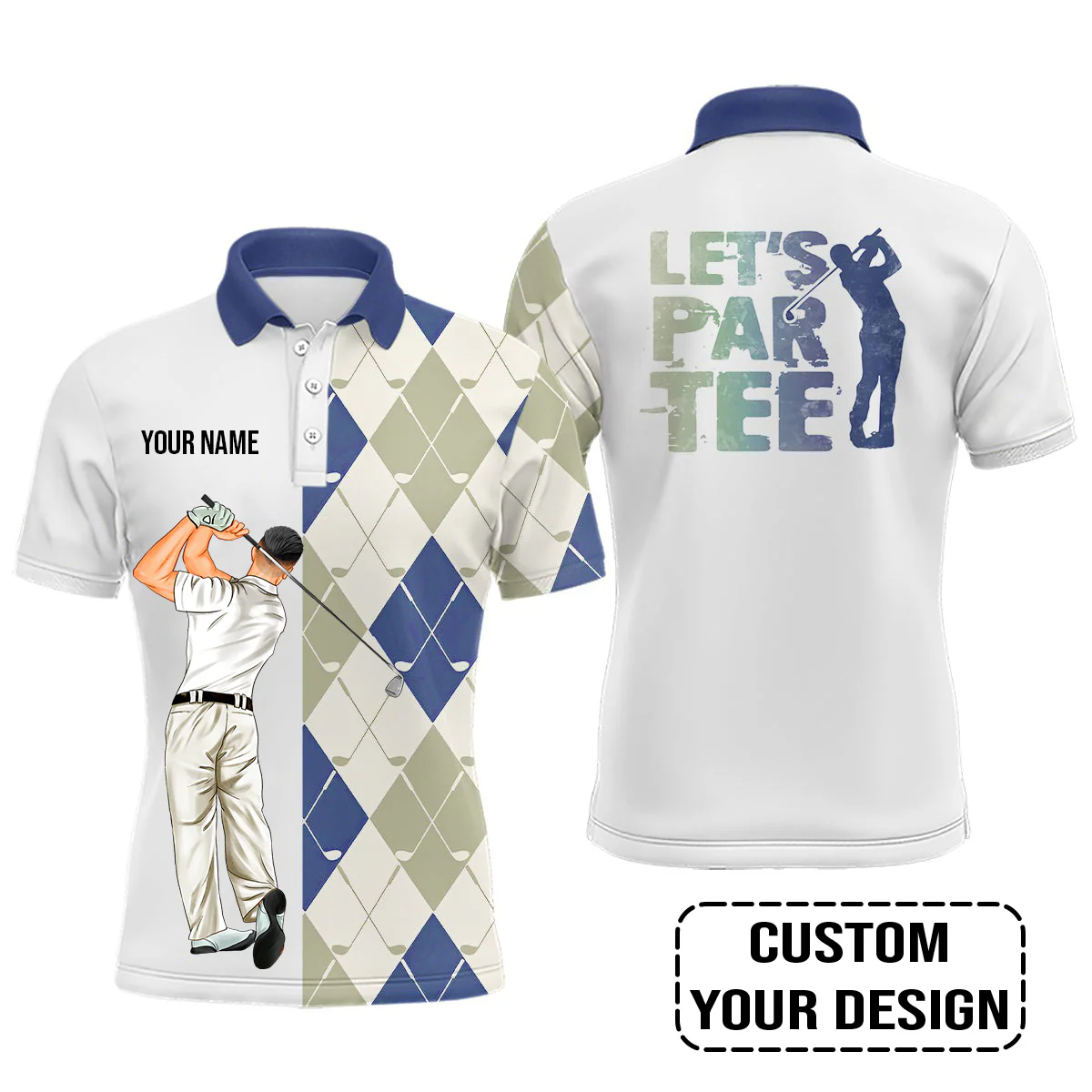 Golf Custom Polo Shirt, Argyle Pattern Golf Clubs, Let's par tee Personalized Golf Polo Shirt - Image 5