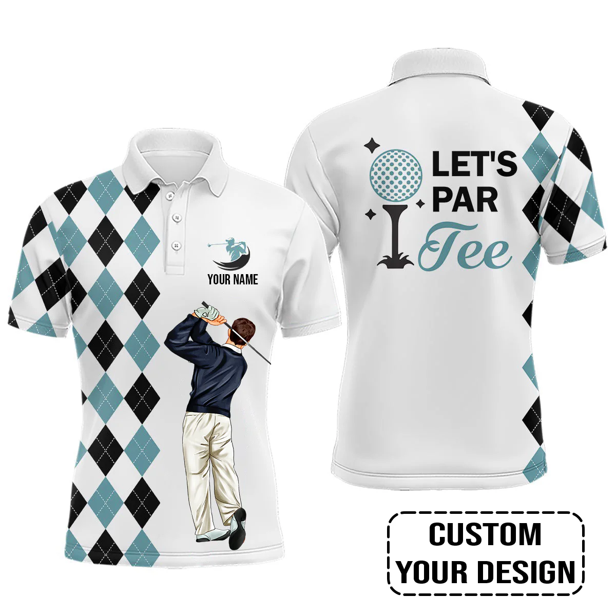 Golf Custom Polo Shirt, Argyle Pattern Golf, Let's par tee Personalized Golf Polo Shirt - Image 2