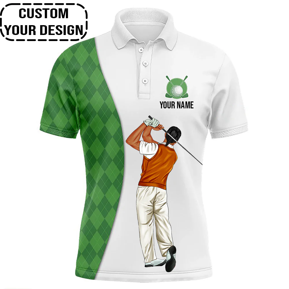 Golf Custom Polo Shirt, Argyle Pattern Green Golf Personalized Golf Polo Shirt - Image 3