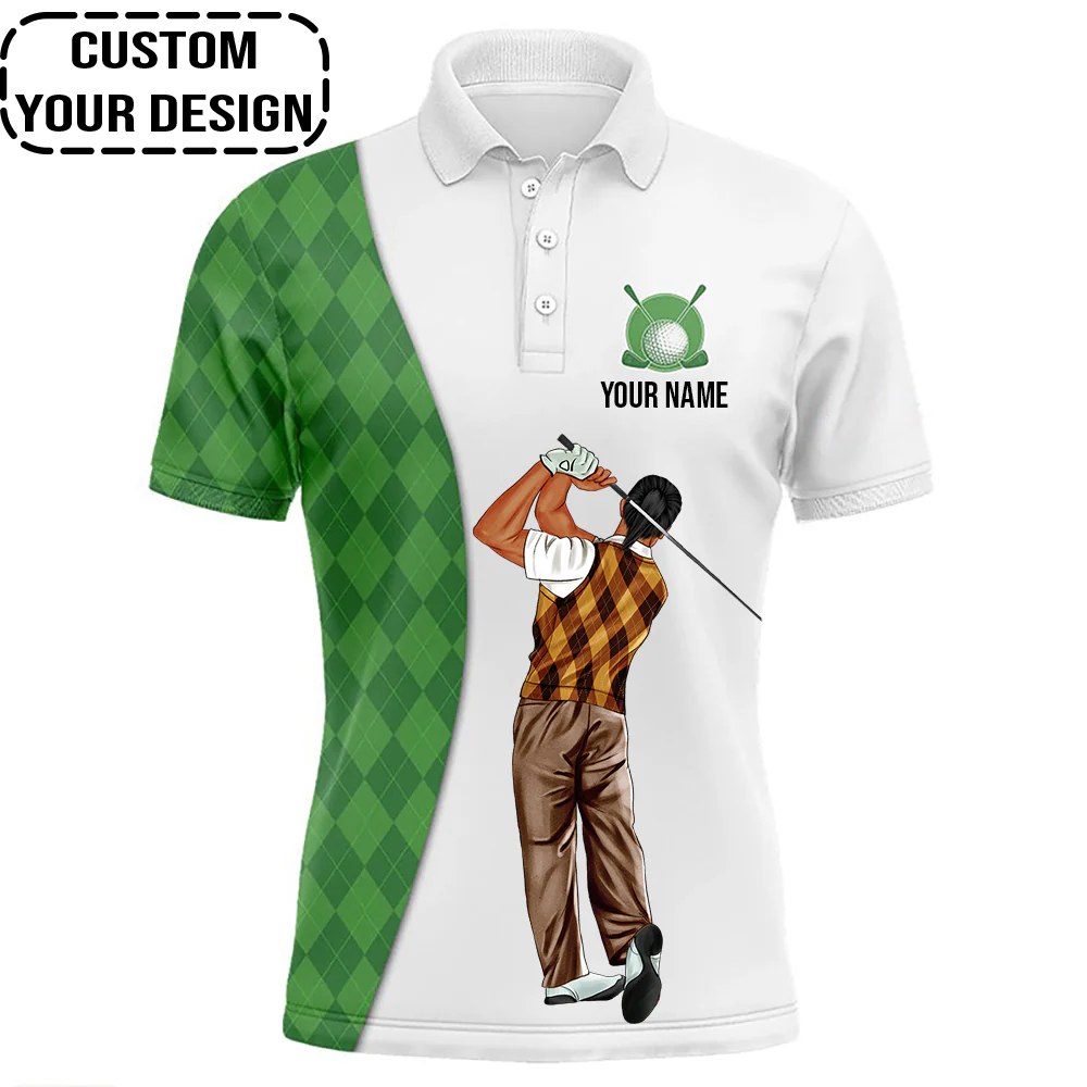 Golf Custom Polo Shirt, Argyle Pattern Green Golf Personalized Golf Polo Shirt - Image 4