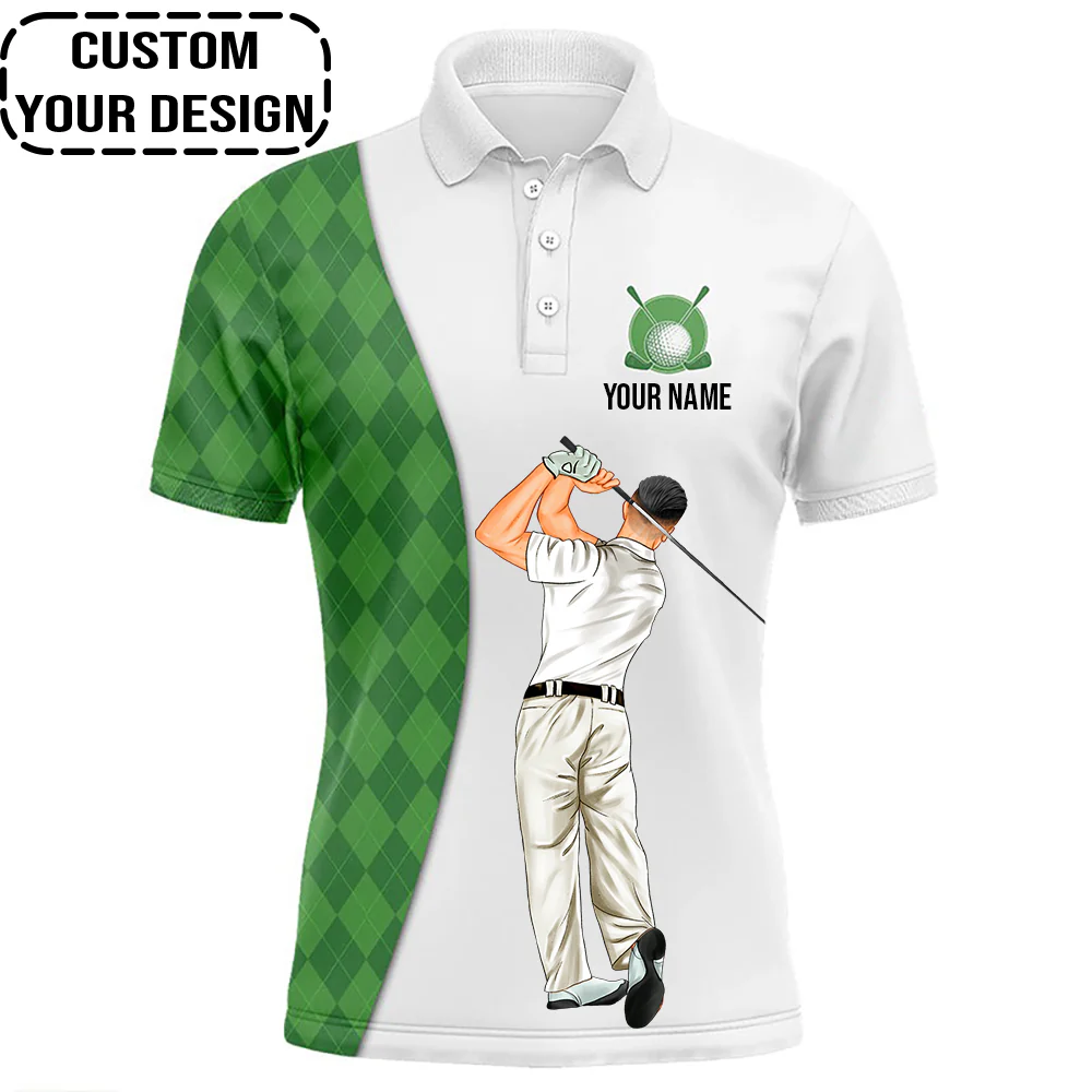 Golf Custom Polo Shirt, Argyle Pattern Green Golf Personalized Golf Polo Shirt - Image 5