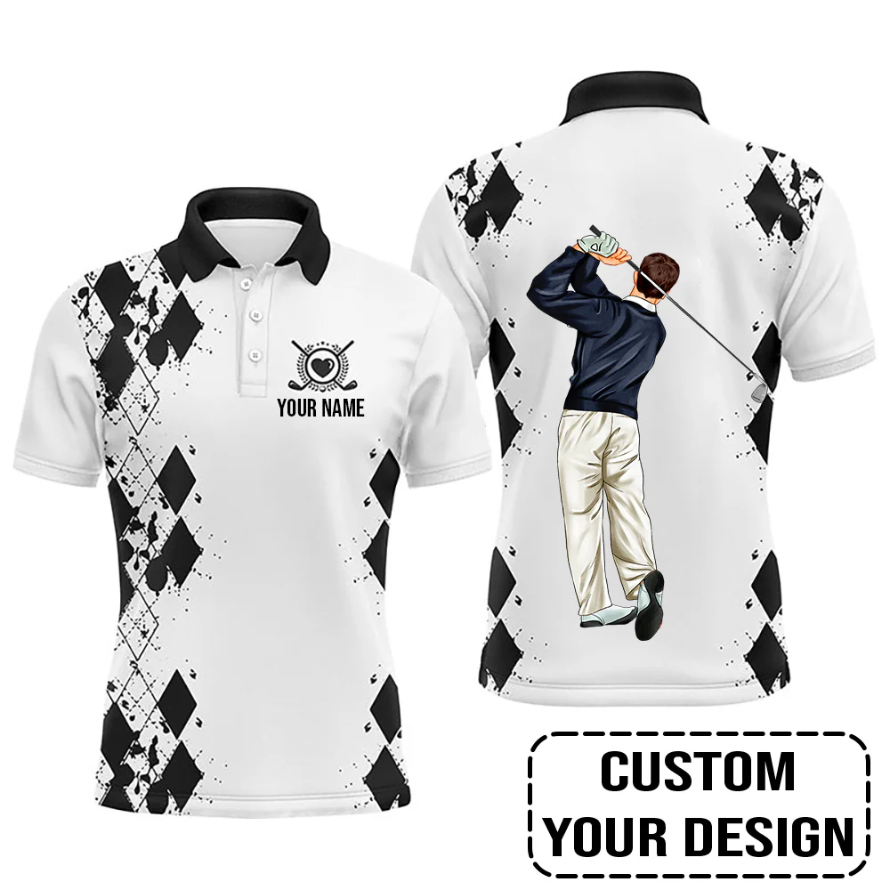 Golf Custom Polo Shirt, Black White Personalized Golf Polo Shirt - Image 2