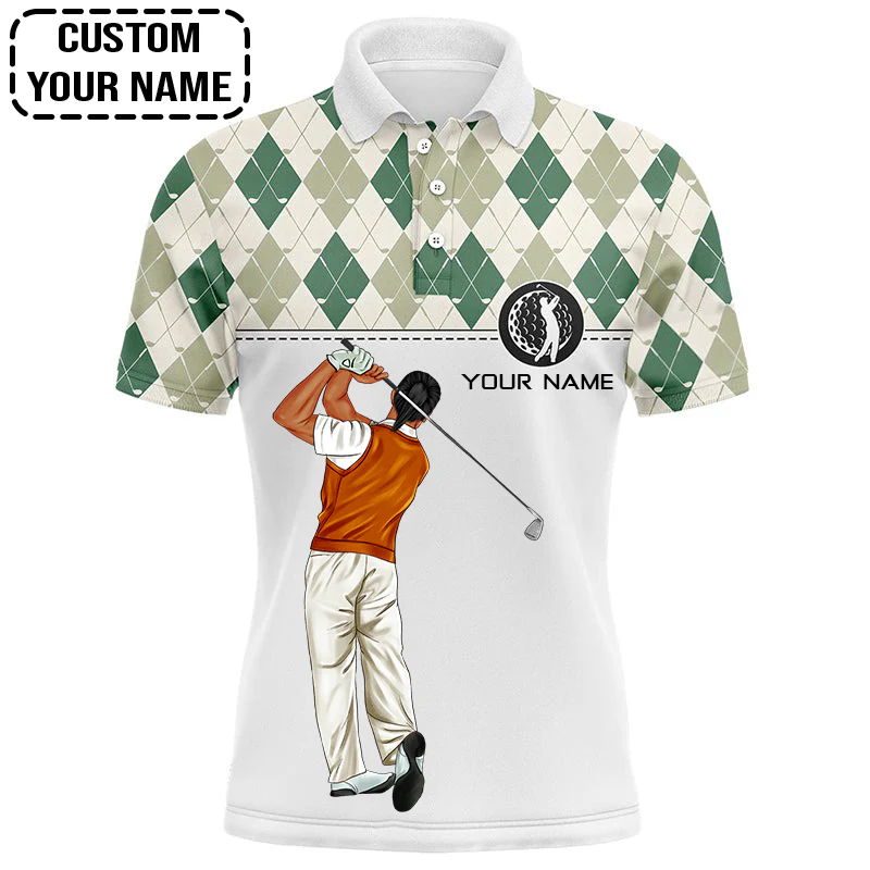 Golf Custom Polo Shirt, Green Argyle Pattern Golf Personalized Golf Polo Shirt - Image 3