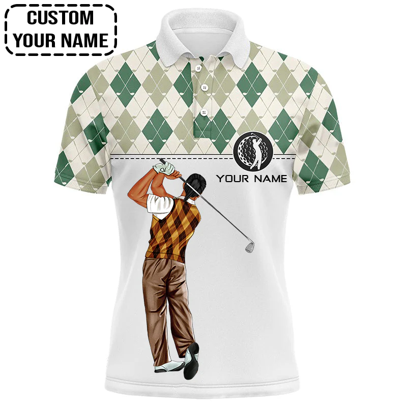 Golf Custom Polo Shirt, Green Argyle Pattern Golf Personalized Golf Polo Shirt - Image 4