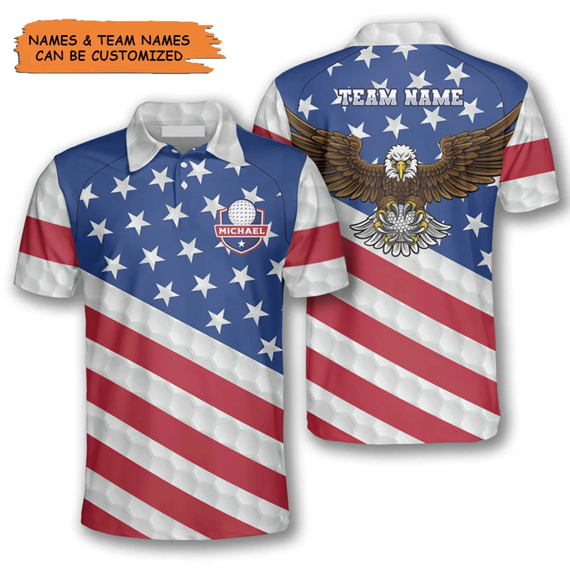 Golf Custom Team Name Men Polo Shirt, Personalized Patriotic American Flag Eagle Independence Day Polo Shirts For Men, 4th Of July Gift For Golfers