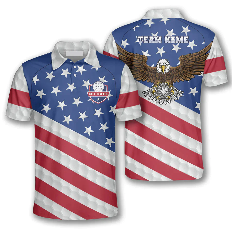 Golf Custom Team Name Men Polo Shirt, Personalized Patriotic American Flag Eagle Independence Day Polo Shirts For Men, 4th Of July Gift For Golfers - Image 2