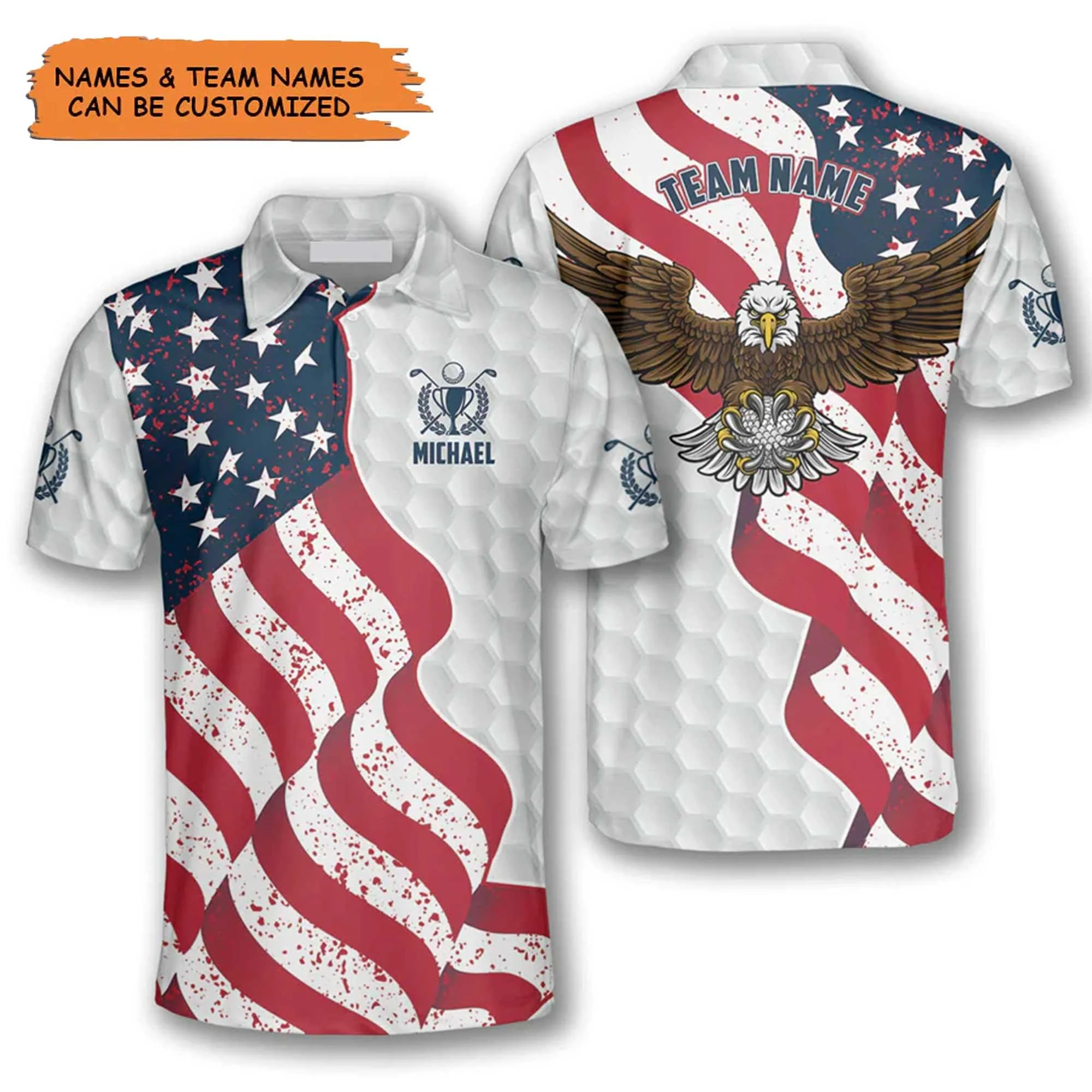 Golf Custom Team Name Men Polo Shirt, Personalized Patriotic Eagle Waving Flag Trophy Emblem Independence Day Polo Shirts For Men, Gift For Golfers