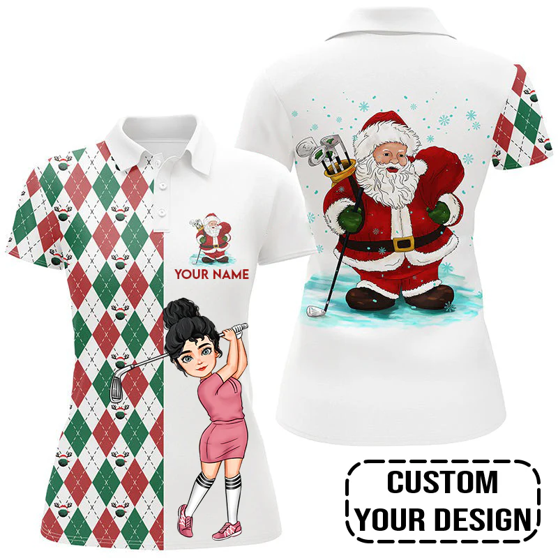 Golf Custom Women Polo Shirt, Argyle Pattern Christmas Personalized Women Polo Shirt - Image 2