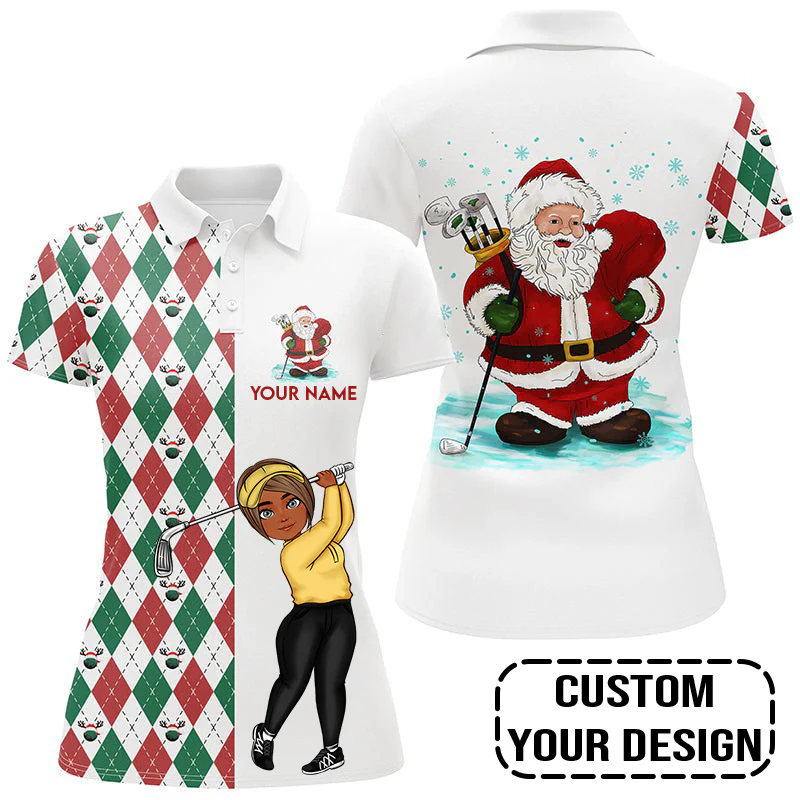 Golf Custom Women Polo Shirt, Argyle Pattern Christmas Personalized Women Polo Shirt - Image 3