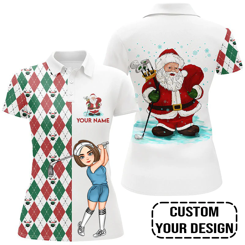 Golf Custom Women Polo Shirt, Argyle Pattern Christmas Personalized Women Polo Shirt - Image 4