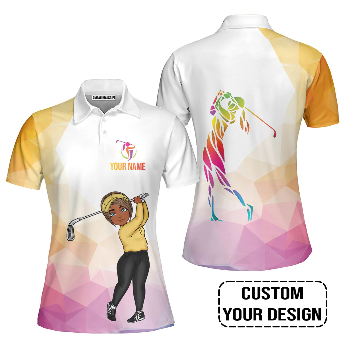 Golf Custom Women Polo Shirt, Colorful Rainbow Polygonal Personalized Women Polo Shirt - Image 4
