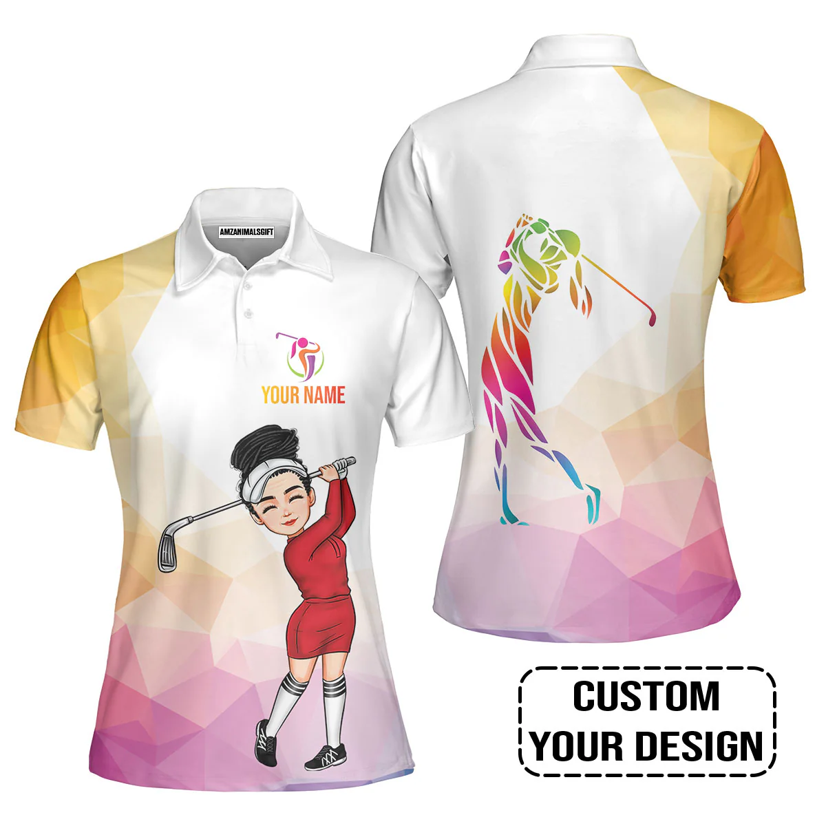 Golf Custom Women Polo Shirt, Colorful Rainbow Polygonal Personalized Women Polo Shirt - Image 6
