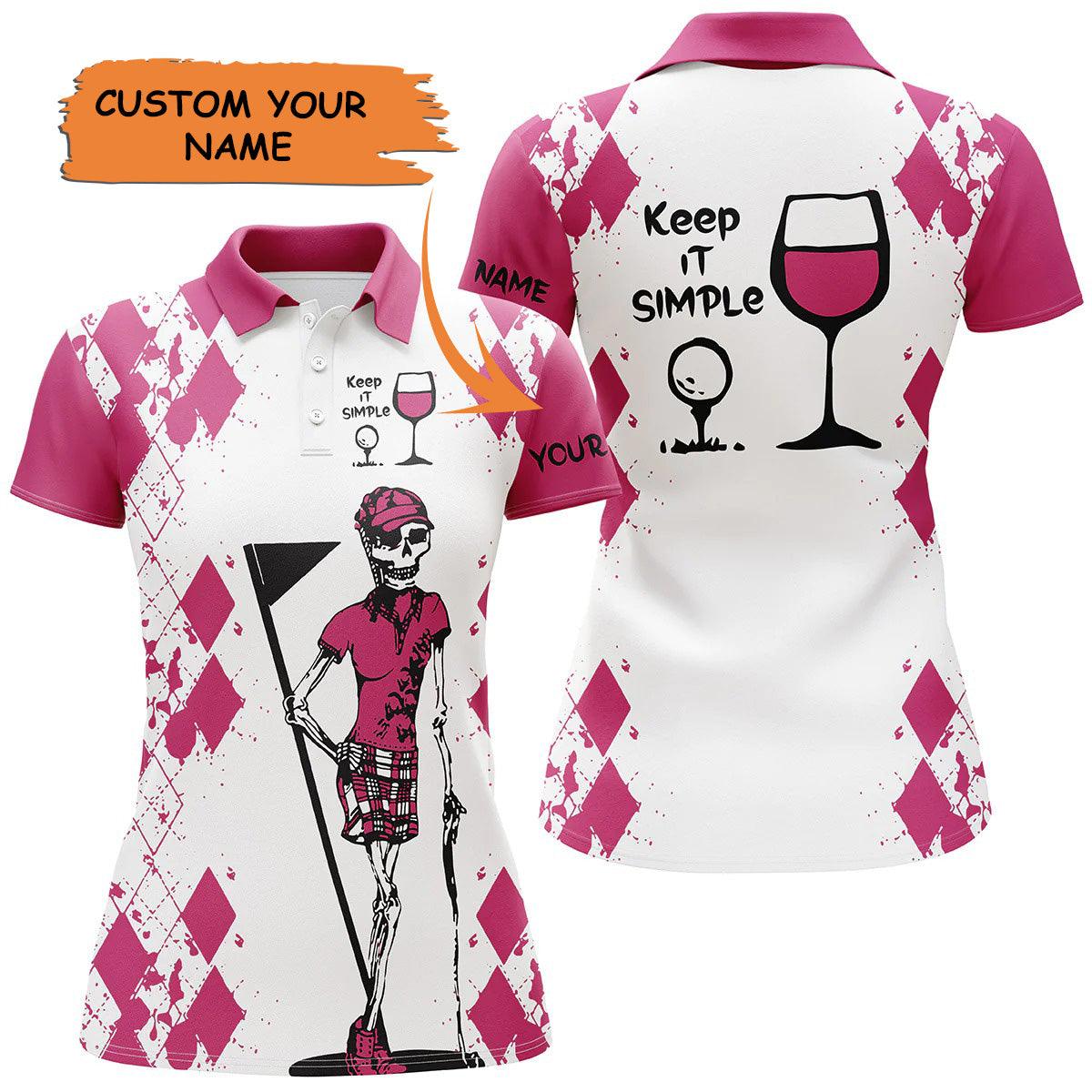 Golf Custom Women Polo Shirt, Golf Shirt White Pink Skull Keep It Simple Personalized Women Polo Shirt - Perfect Gift For Ladies, Golf Lovers, Golfers