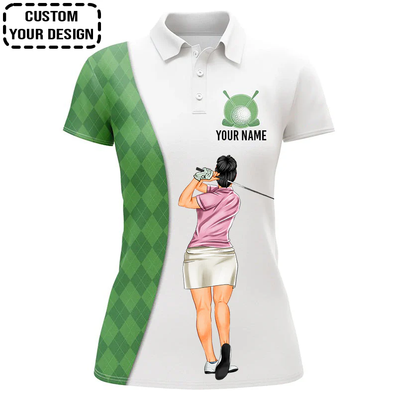 Golf Custom Women Polo Shirt, Green Argyle Plaid Pattern Golf Women Golf Polo Shirt - Image 2