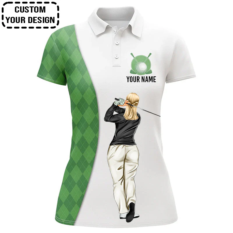 Golf Custom Women Polo Shirt, Green Argyle Plaid Pattern Golf Women Golf Polo Shirt - Image 4
