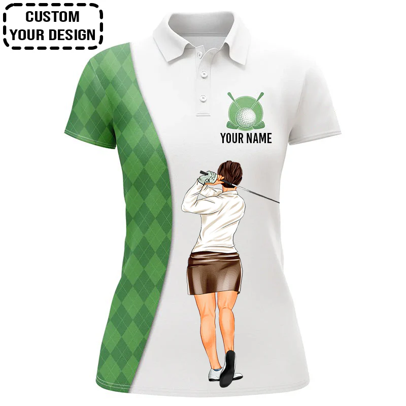 Golf Custom Women Polo Shirt, Green Argyle Plaid Pattern Golf Women Golf Polo Shirt - Image 5
