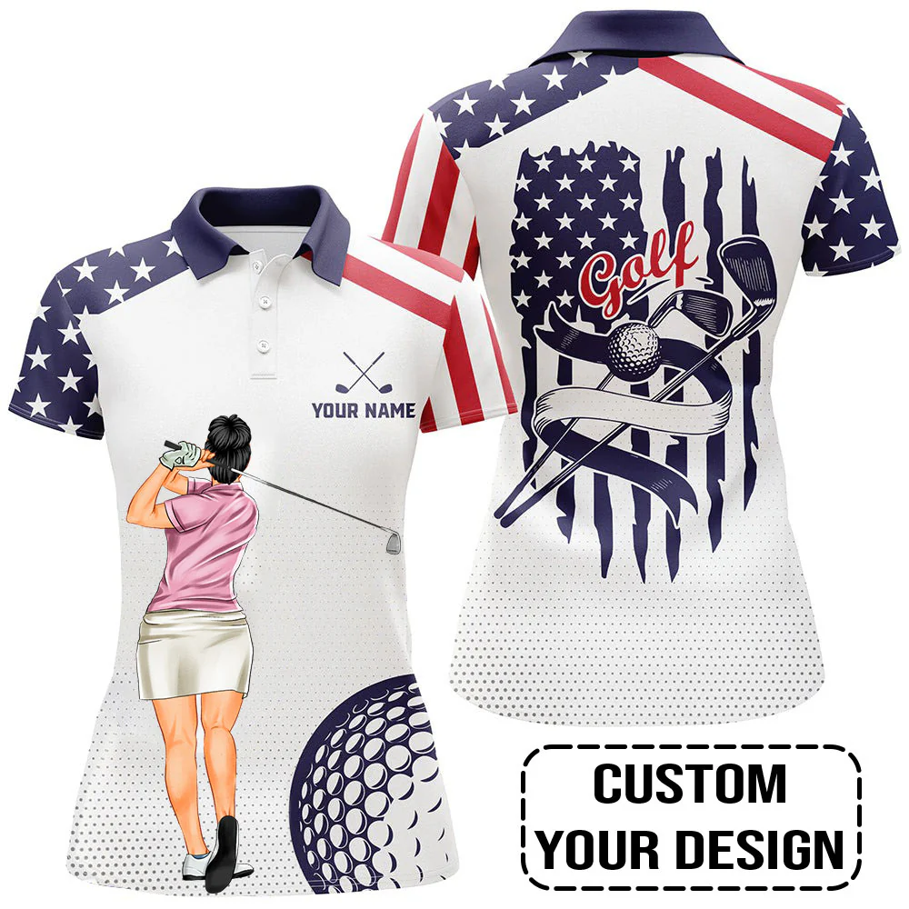 Golf Custom Women Polo Shirt, American Flag, US Flag Golf Personalized Women Polo Shirt - Image 2