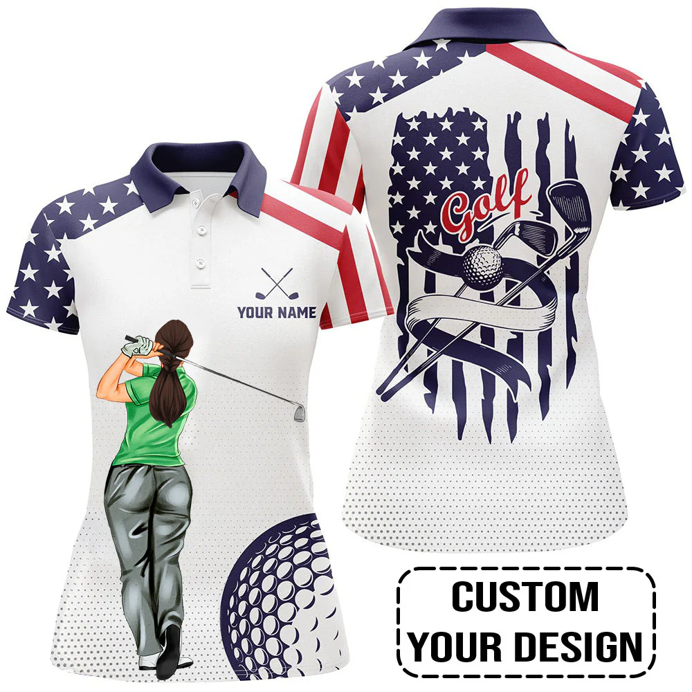Golf Custom Women Polo Shirt, American Flag, US Flag Golf Personalized Women Polo Shirt - Image 3