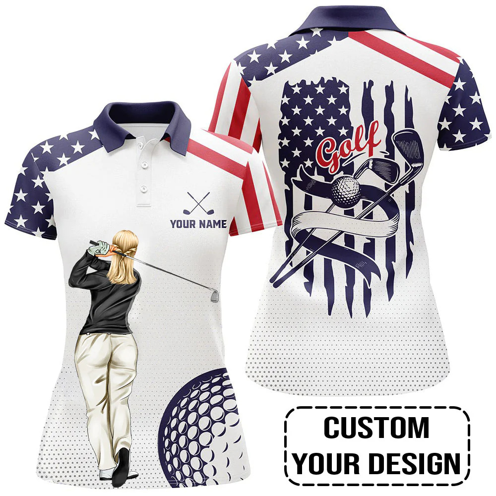Golf Custom Women Polo Shirt, American Flag, US Flag Golf Personalized Women Polo Shirt - Image 4