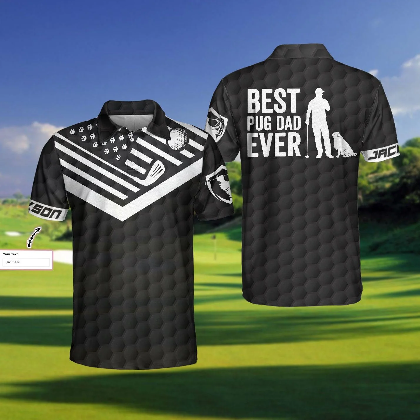 Golf Customized Name Men Polo Shirt, Best Pug Dad Ever Golfer, Personalized Black American Flag Golf Polo Shirt - Gift For Golfers, Pug Lovers