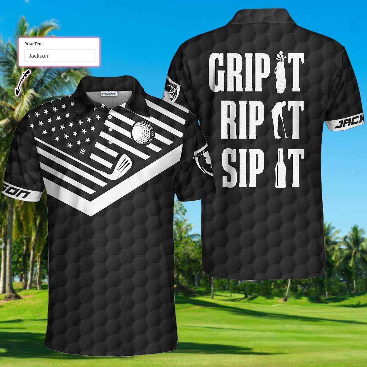 Golf Customized Name Men Polo Shirt, Black And White American Flag, Golfer Grip It Rip It Sip It Polo Shirt, Personalized Gift For Golfers, Golf Lovers
