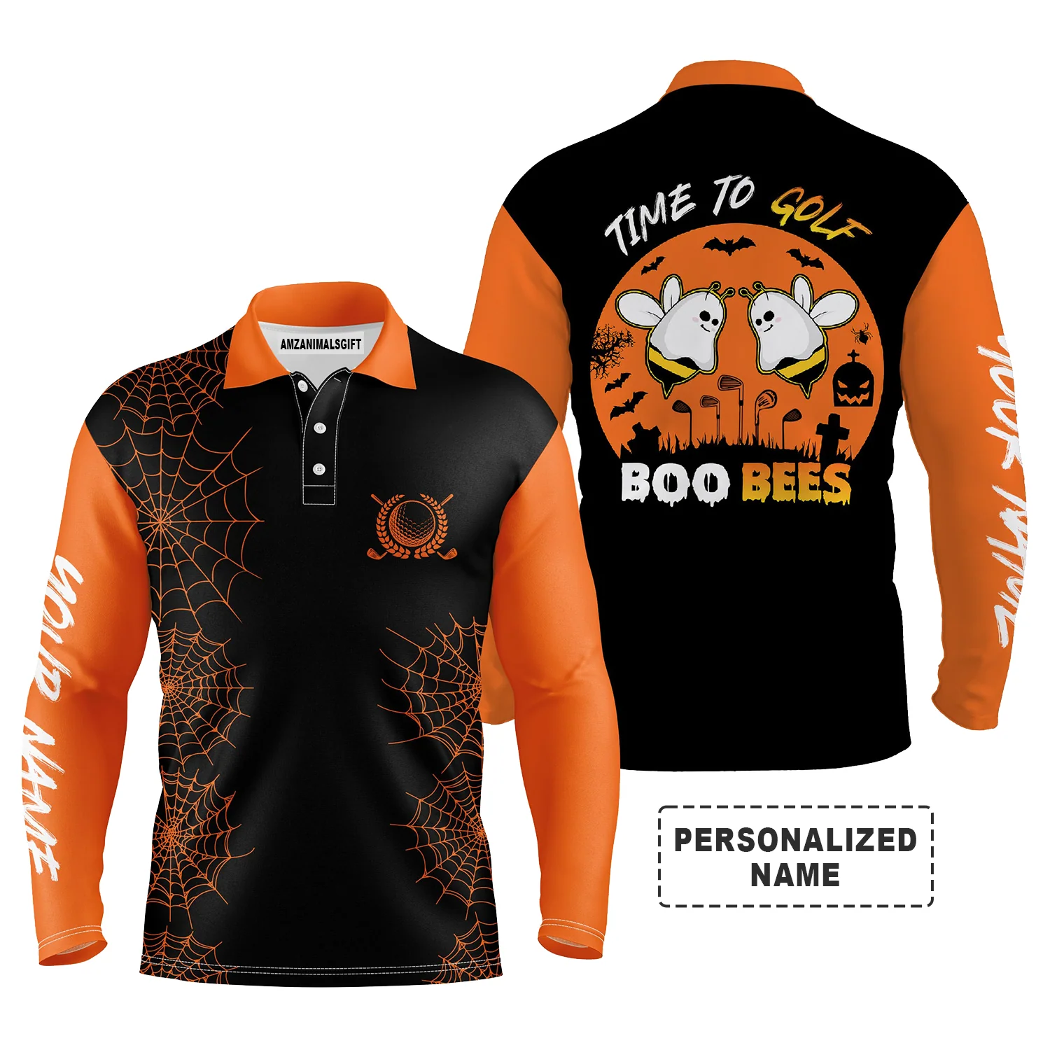 Golf Halloween Long Sleeve Polo Shirt For Men Black Orange Time To Golf Boo Bees Customized Name, Perfect Outfit And Halloween Costume For Golfers - Image 2