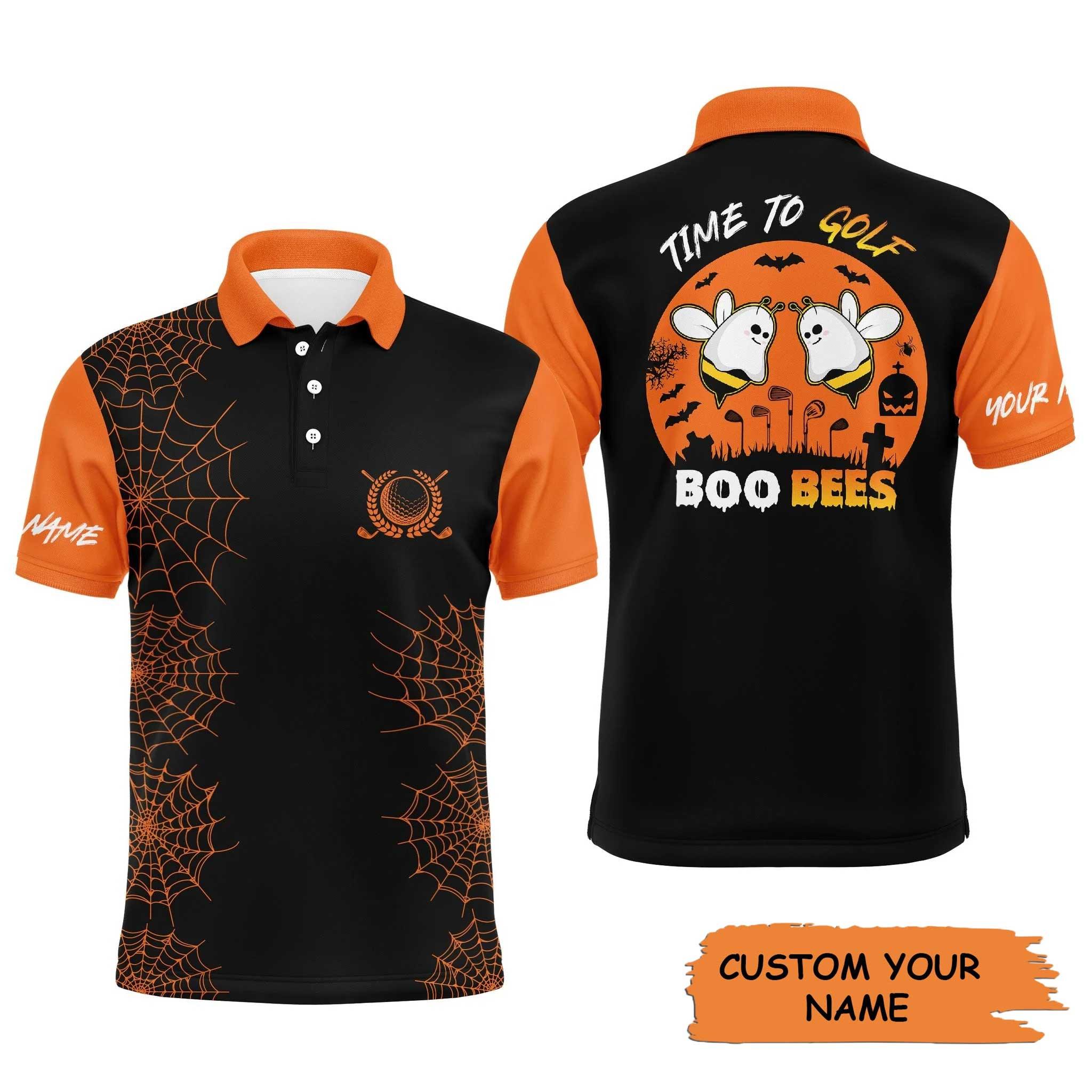 Golf Halloween Long Sleeve Polo Shirt For Men Black Orange Time To Golf Boo Bees Customized Name, Perfect Outfit And Halloween Costume For Golfers - Image 3