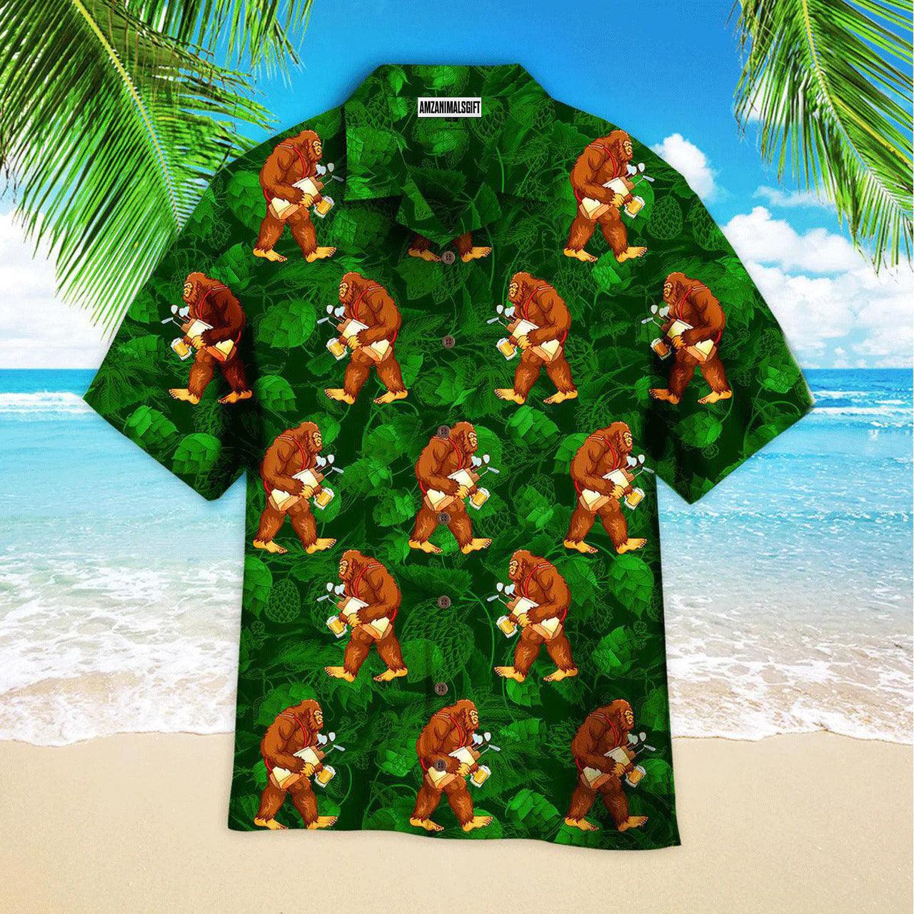 Golf Hawaiian Shirt, Bigfoot Love Golf And Beer Leaves Pattern Green Aloha Hawaiian Shirts For Men and Women - Gift For Golfer, Friend, Family - Image 2