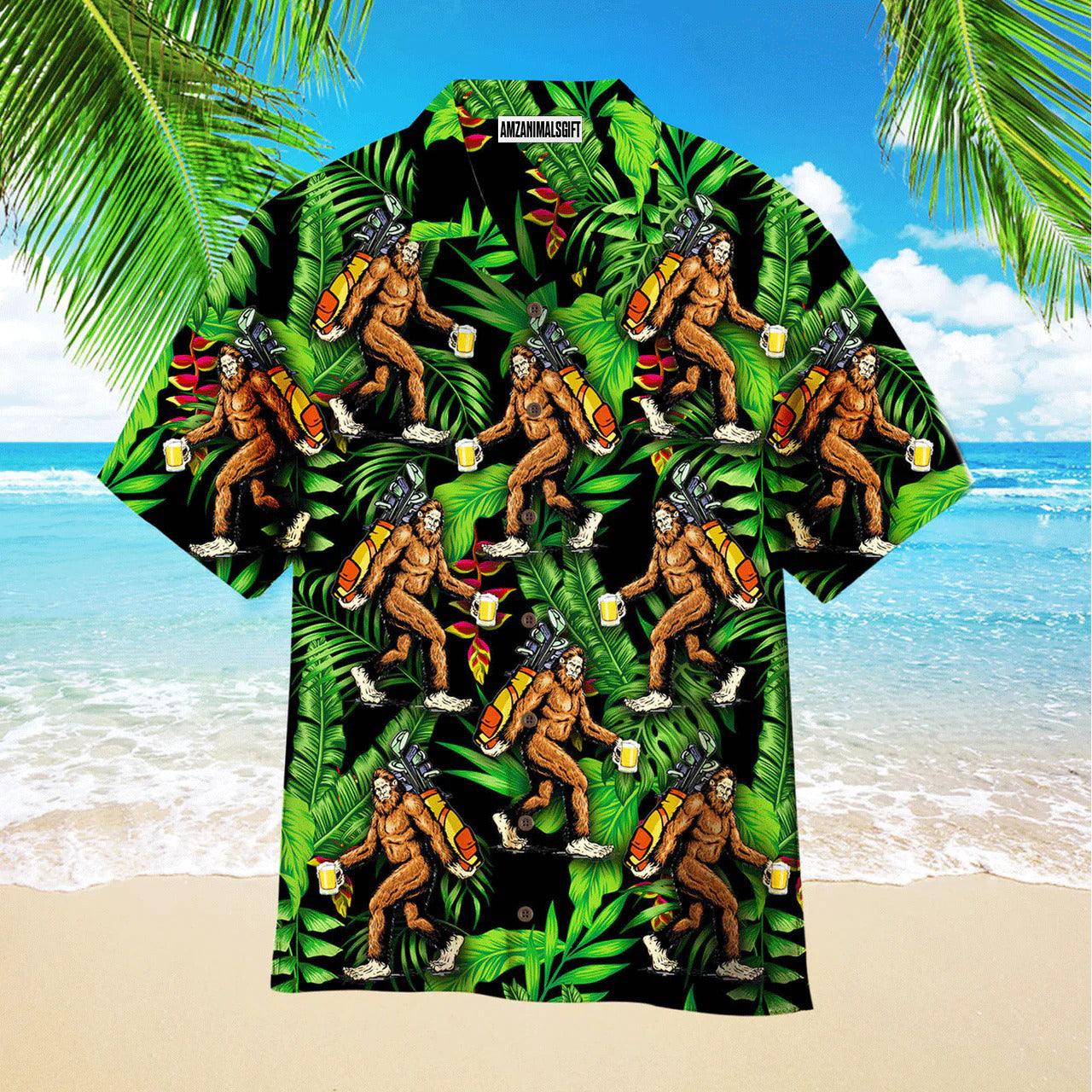 Golf Hawaiian Shirt, Bigfoot Love Golf And Beer Palm Leaves Pattern Aloha Hawaiian Shirts For Men and Women - Gift For Golfer, Friend, Family - Image 2