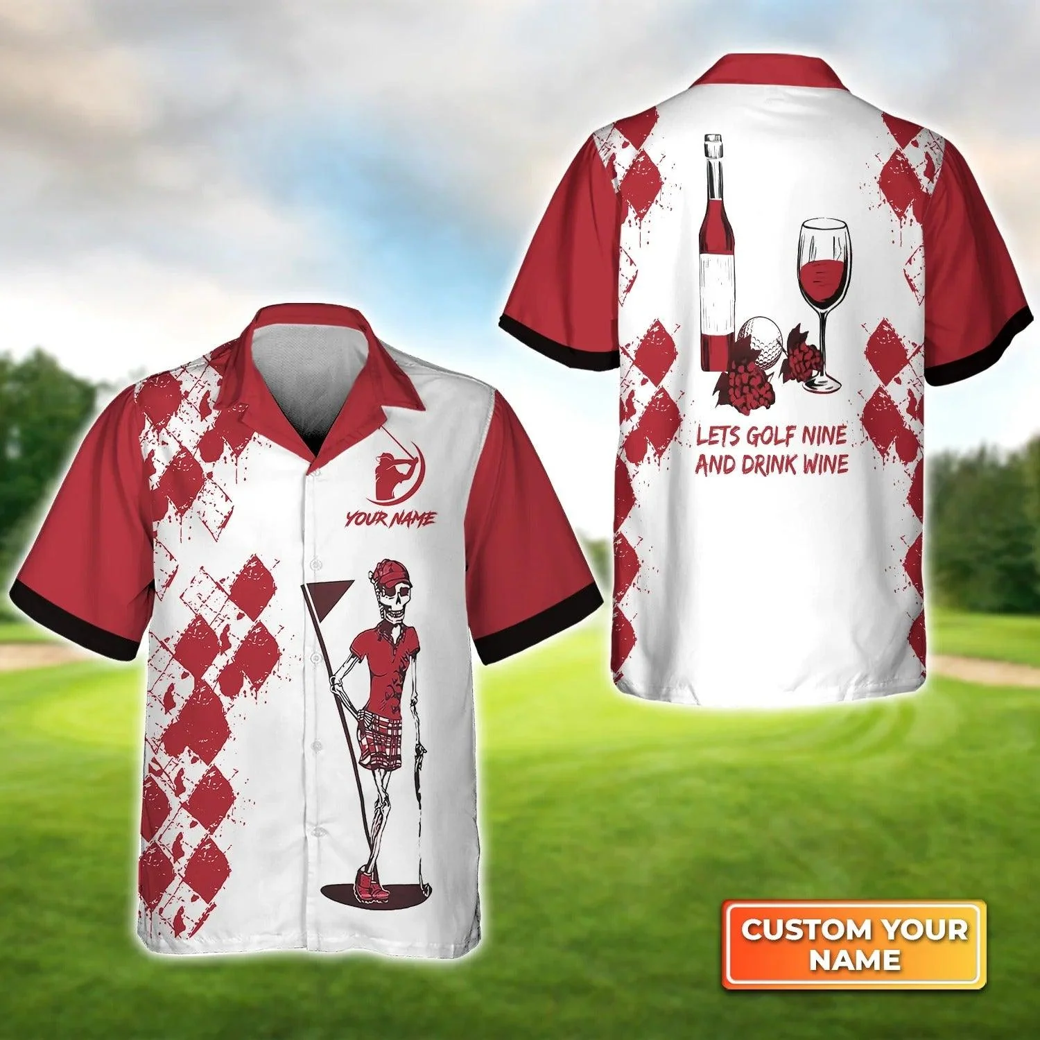 Golf Hawaiian Shirt Custom Name, Argyle Pattern Golf Nine And Drink Wine Personalized Aloha Shirt For Men Women - Perfect Gift For Husband, Friend