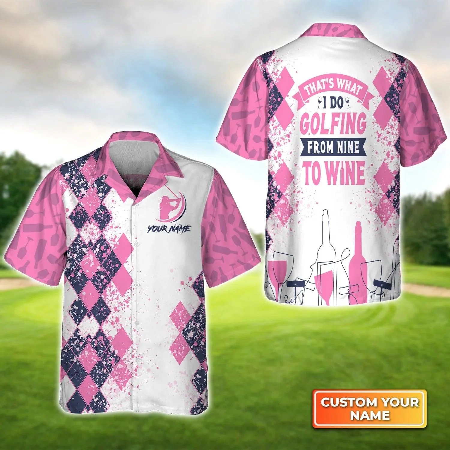Golf Hawaiian Shirt Custom Name, Argyle Pattern Golfing From Nine To Wine Personalized Aloha Shirt For Men Women - Perfect Gift For Husband, Friend