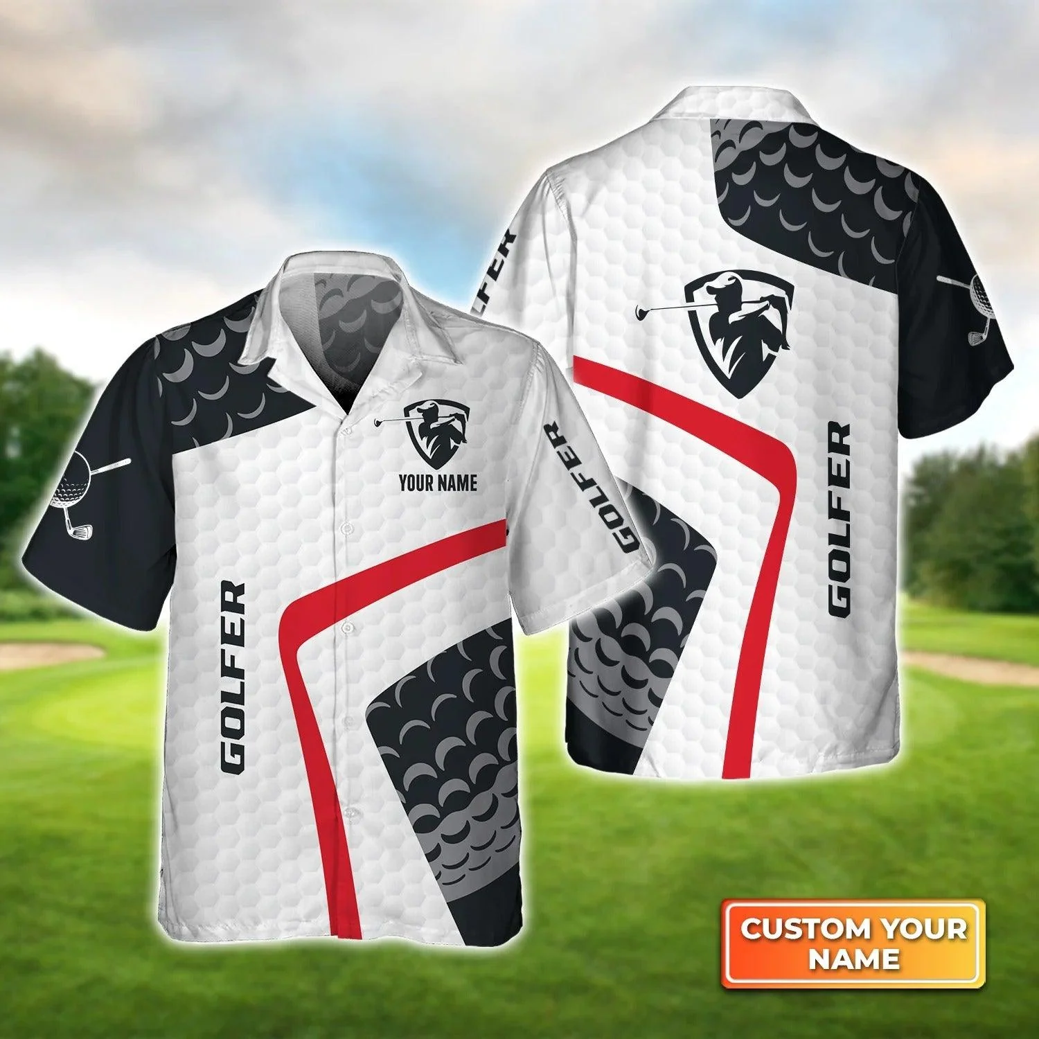 Golf Hawaiian Shirt Custom Name, Golf Pattern Black And White Background Personalized Aloha Shirt For Men Women - Perfect Gift For Golfer, Friend