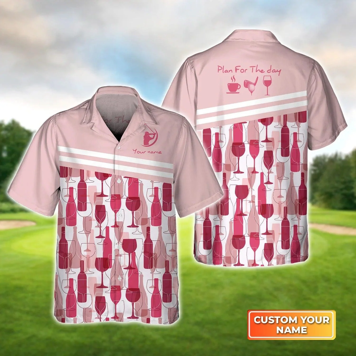 Golf Hawaiian Shirt Custom Name, Golf Wine Seamless Pattern Plan For The Day Personalized Aloha Shirt For Men Women- Perfect Gift For Husband, Friend