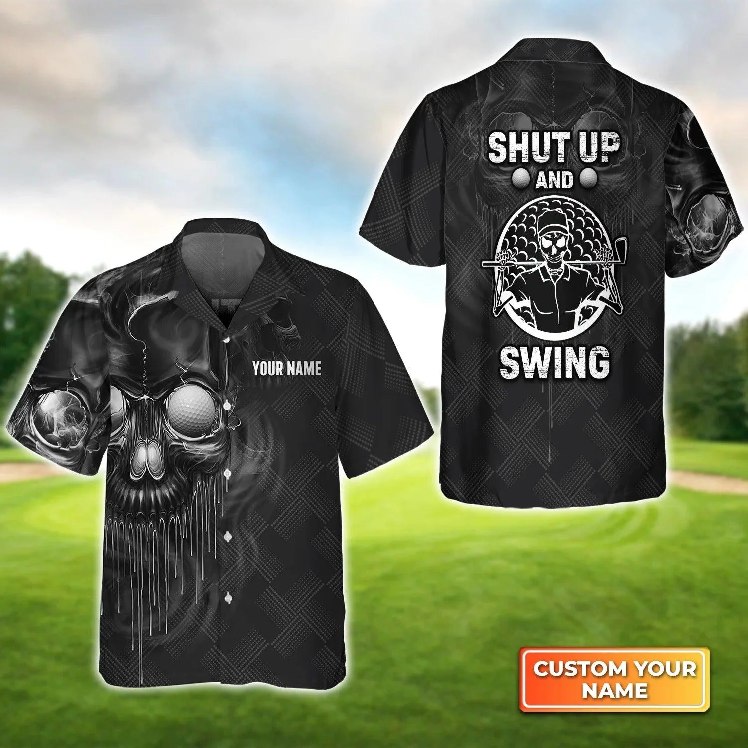 Golf Hawaiian Shirt Custom Name, Skull Golf Shut Up And Swing Personalized Aloha Hawaiian Shirt For Men Women - Perfect Gift For Husband, Friend