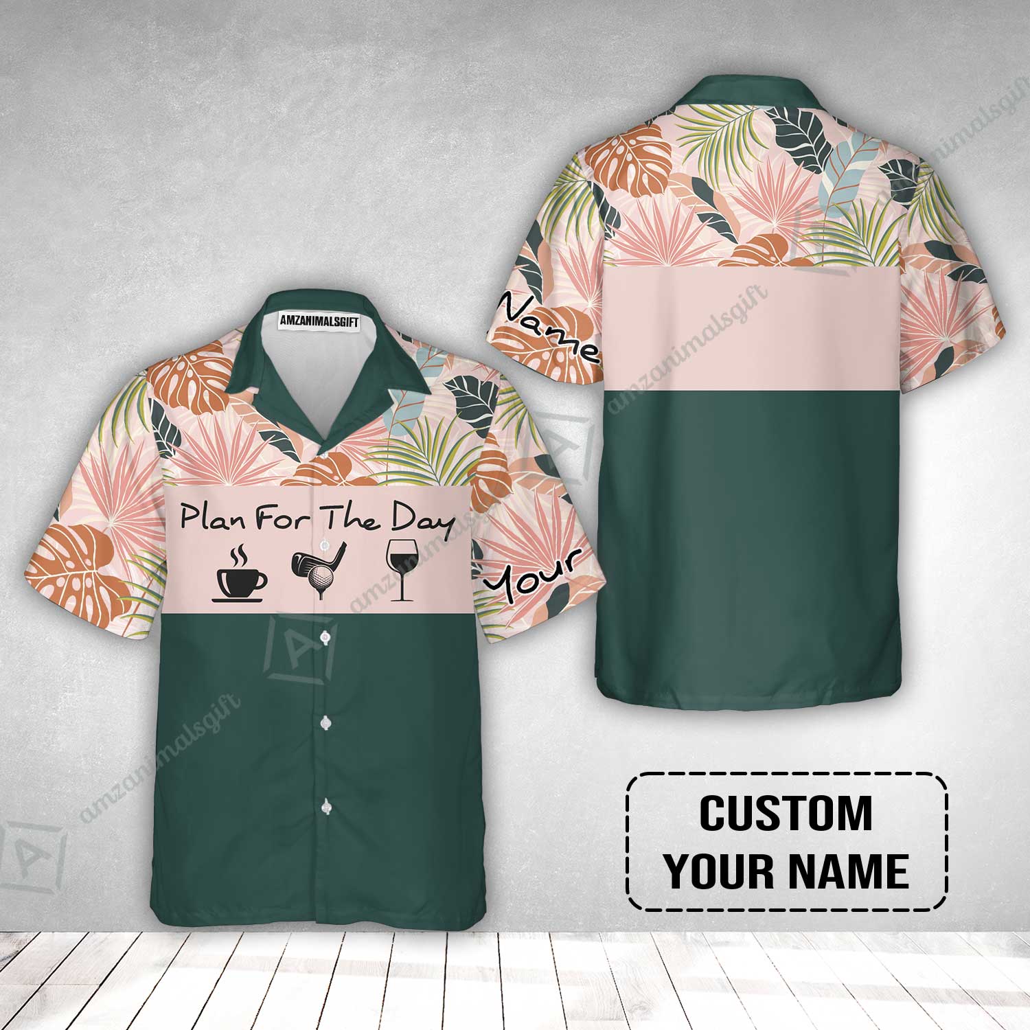 Golf Hawaiian Shirt - Custom Name Tropical Leaves Floral Apparel - Plan For The Day Coffee Golf Wine - Image 2