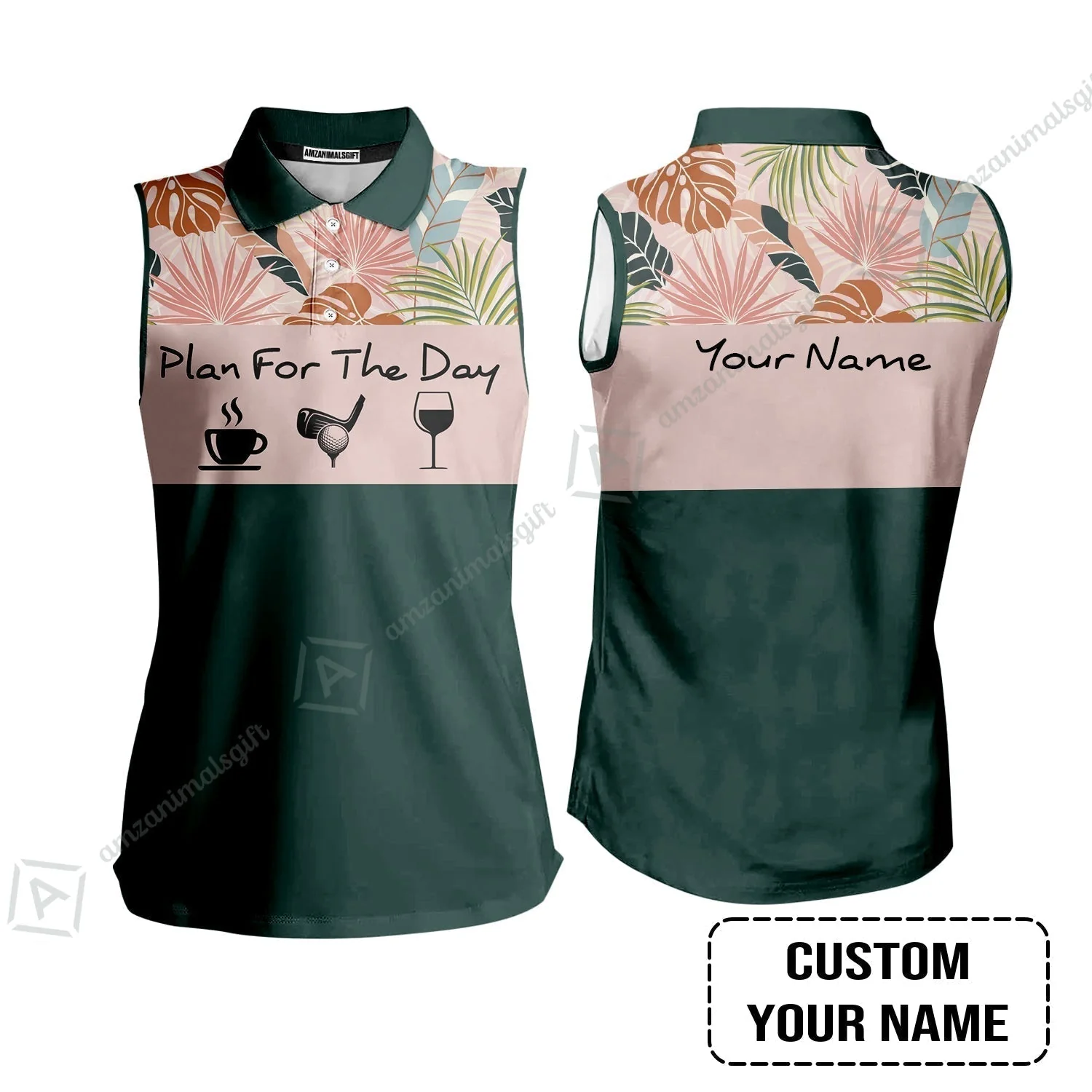 Golf Hawaiian Shirt - Custom Name Tropical Leaves Floral Apparel - Plan For The Day Coffee Golf Wine - Image 3